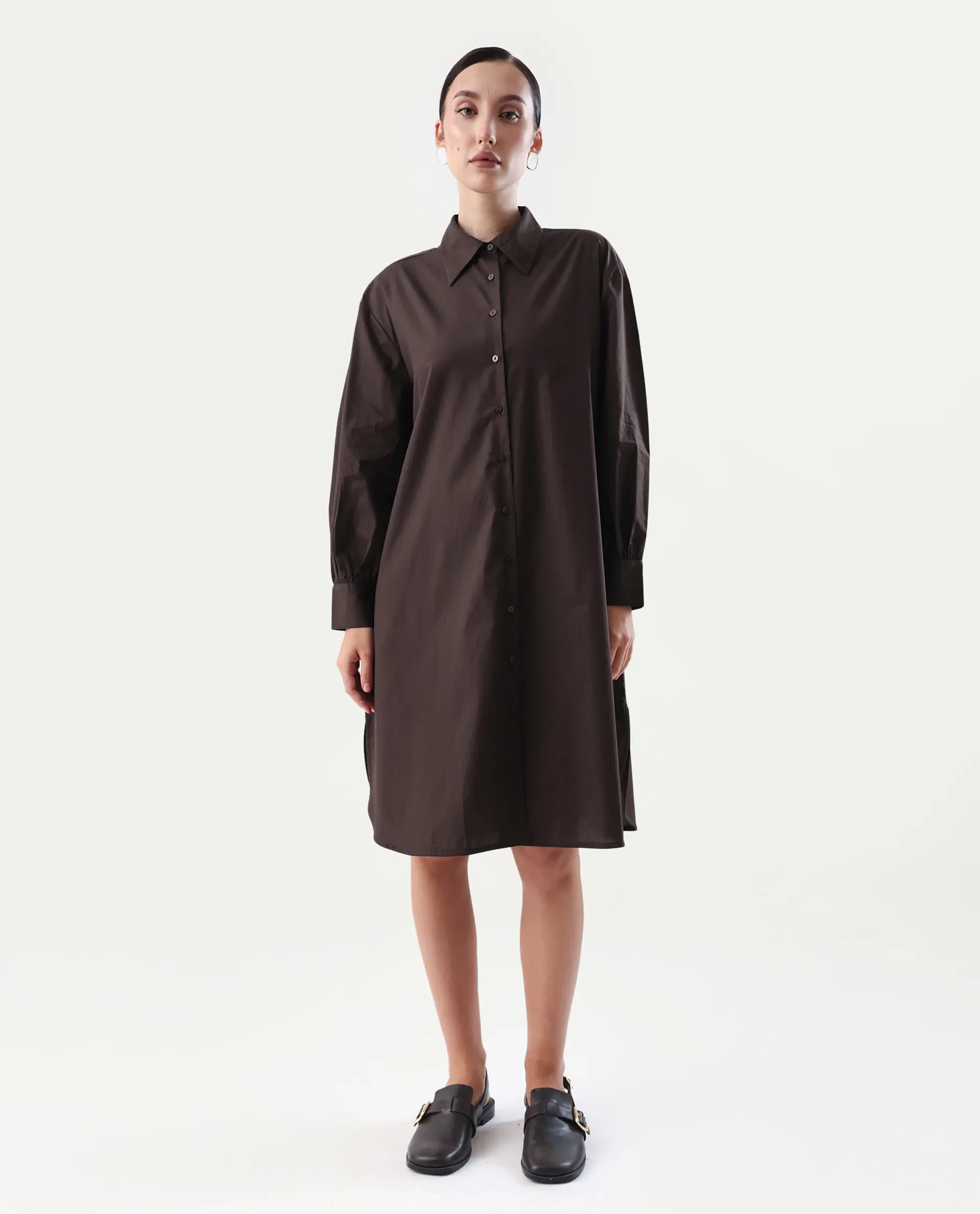 Rareism Women's Jencot Brown Cotton Collared Neck A-Line Plain Dress - Image 3
