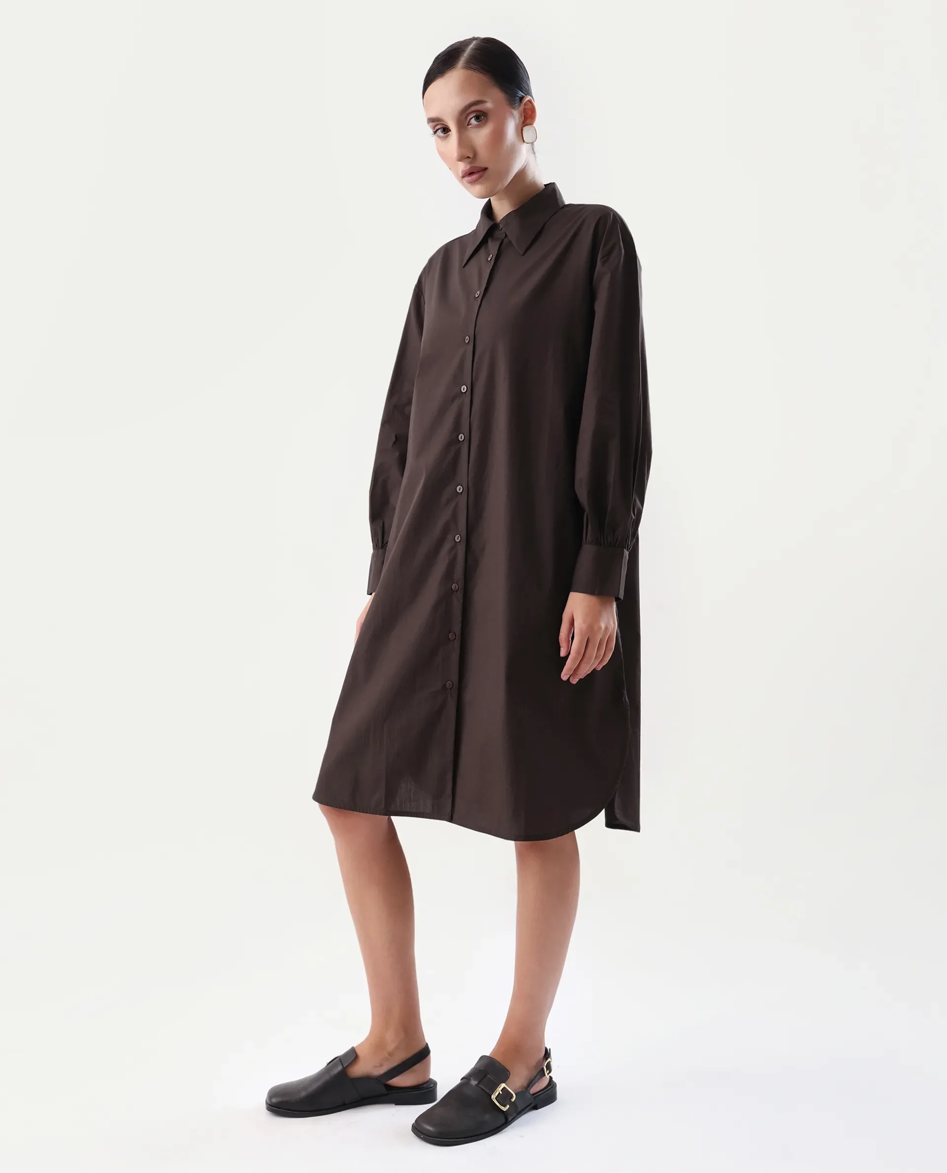 Rareism Women's Jencot Brown Cotton Collared Neck A-Line Plain Dress - Image 5