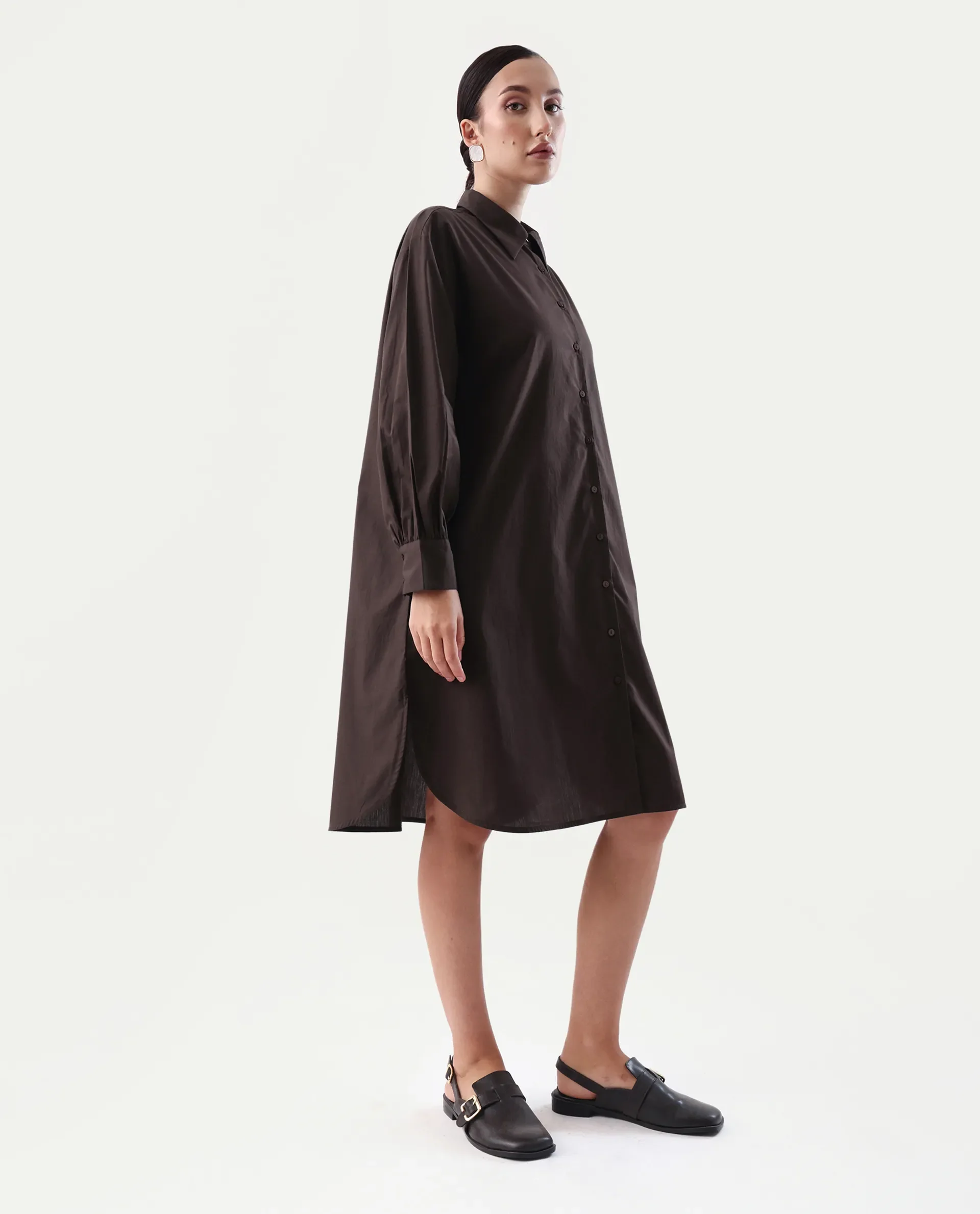 Rareism Women's Jencot Brown Cotton Collared Neck A-Line Plain Dress - Image 6
