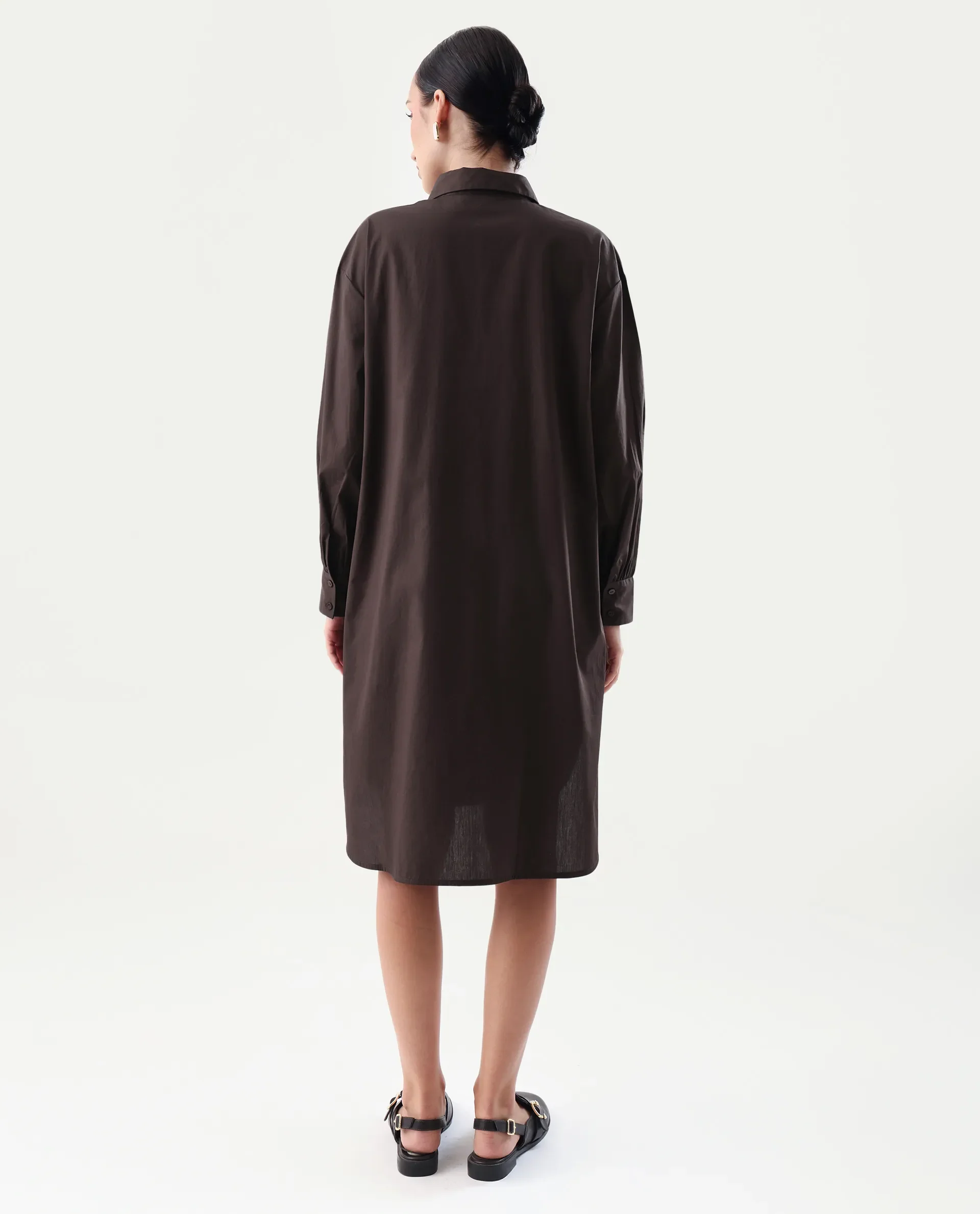 Rareism Women's Jencot Brown Cotton Collared Neck A-Line Plain Dress - Image 7
