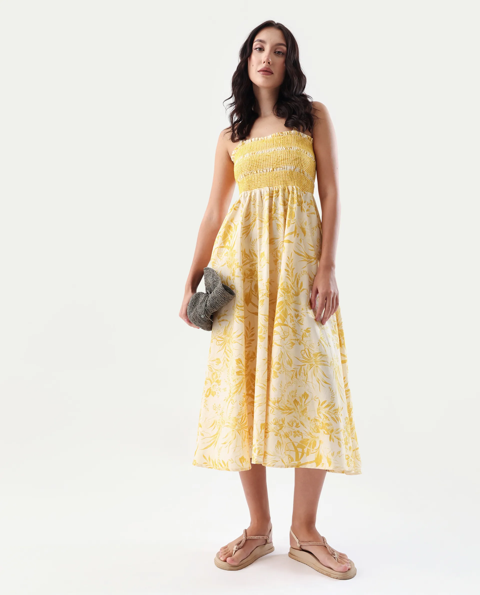Rareism Women's Jendim Beige Cotton Tube Neck Fit And Flare Printed Midi Dress - Image 2