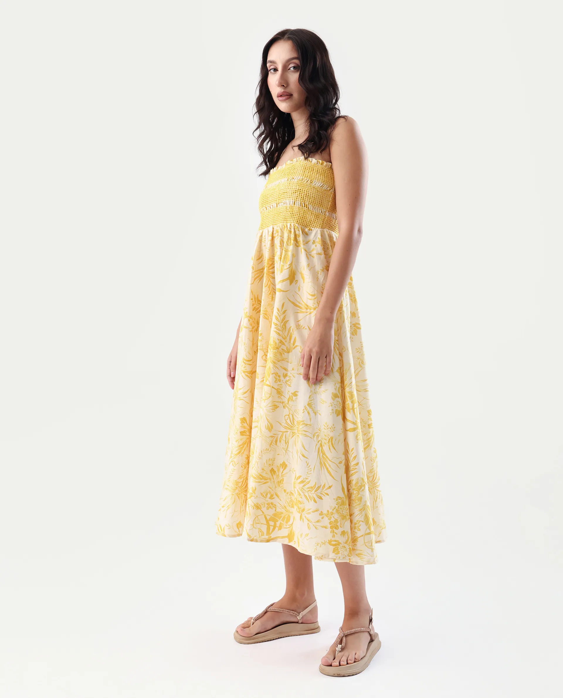 Rareism Women's Jendim Beige Cotton Tube Neck Fit And Flare Printed Midi Dress - Image 4