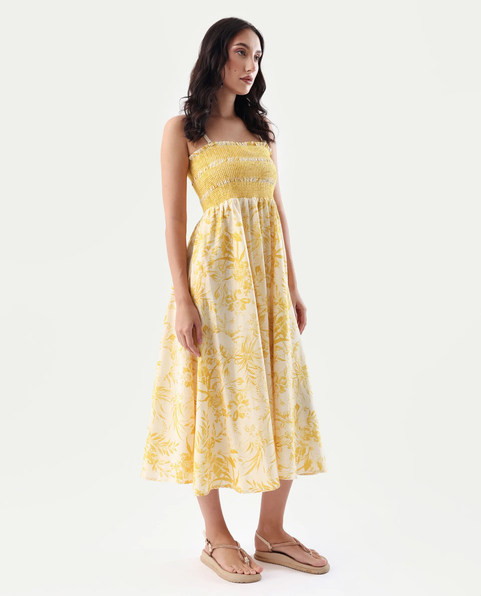 Rareism Women's Jendim Beige Cotton Tube Neck Fit And Flare Printed Midi Dress - Image 5