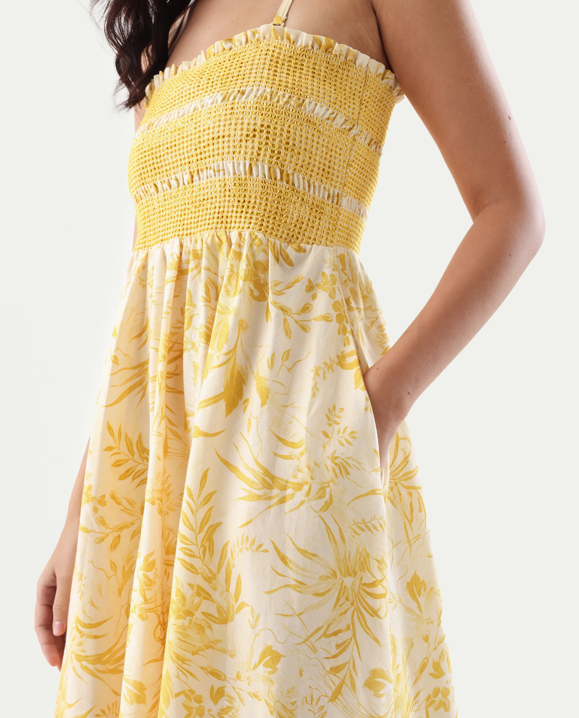 Rareism Women's Jendim Beige Cotton Tube Neck Fit And Flare Printed Midi Dress - Image 6