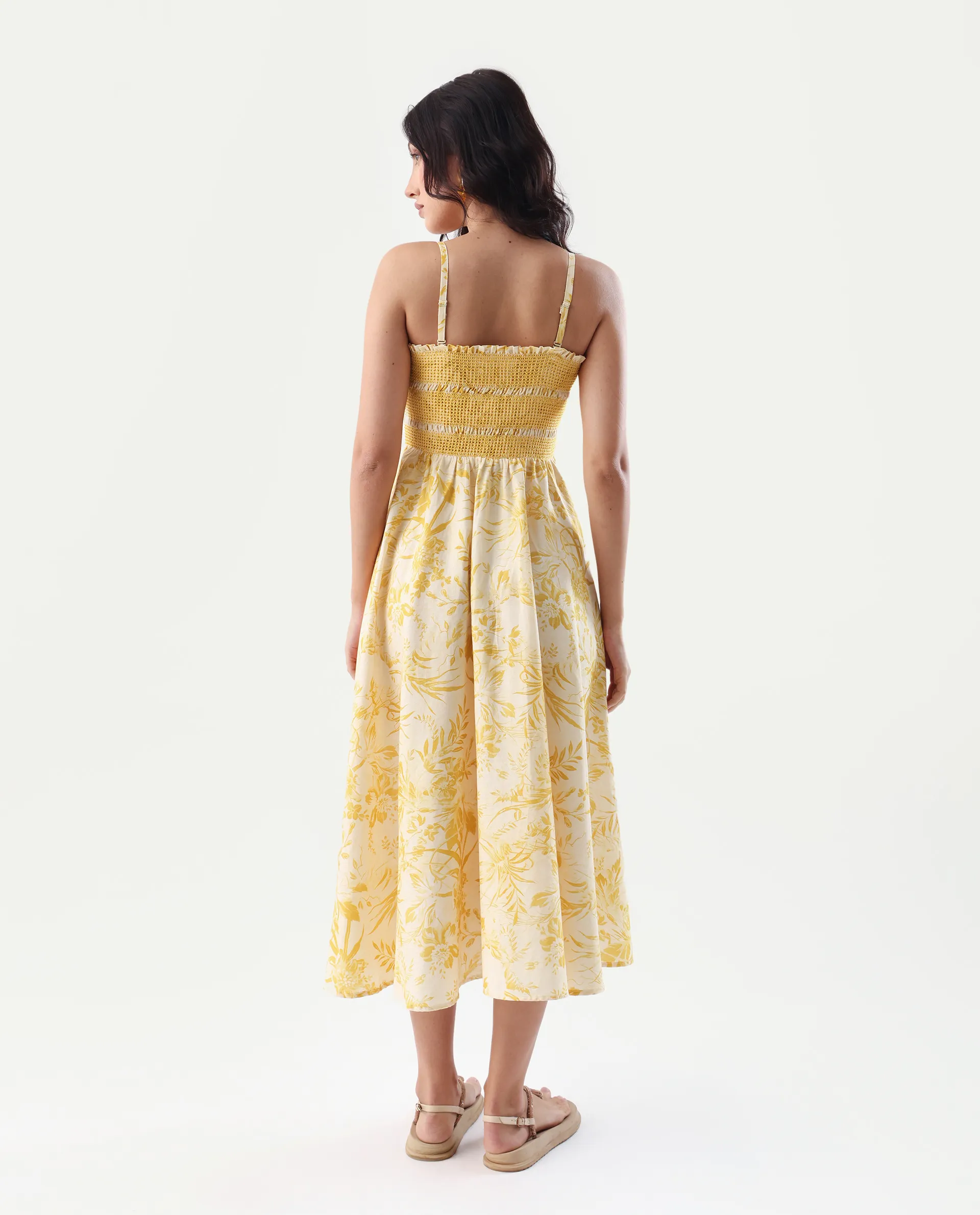 Rareism Women's Jendim Beige Cotton Tube Neck Fit And Flare Printed Midi Dress - Image 7
