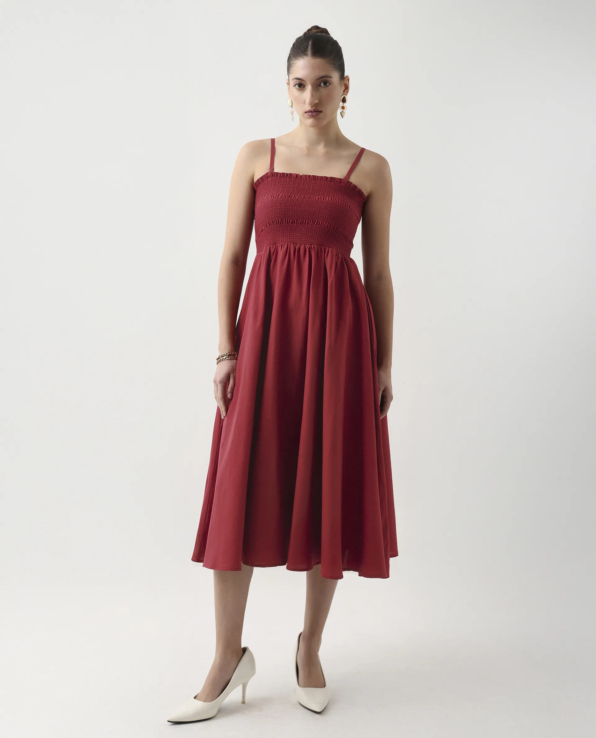 Rareism Women's Jendimo Dark Red Cotton Sleeveless Tube Neck Fit And Flare Fit Plain Midi Dress - Image 2