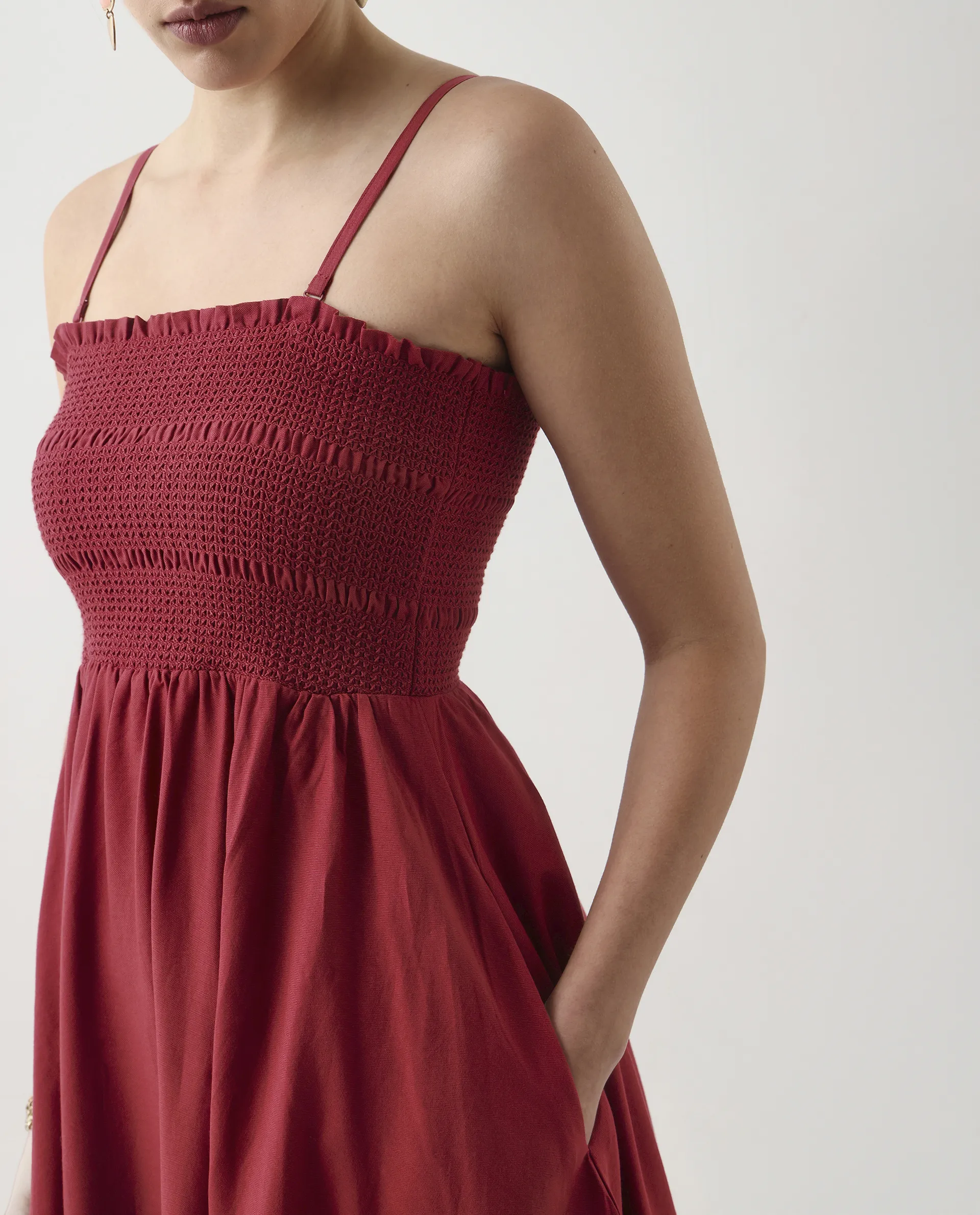 Rareism Women's Jendimo Dark Red Cotton Sleeveless Tube Neck Fit And Flare Fit Plain Midi Dress - Image 4