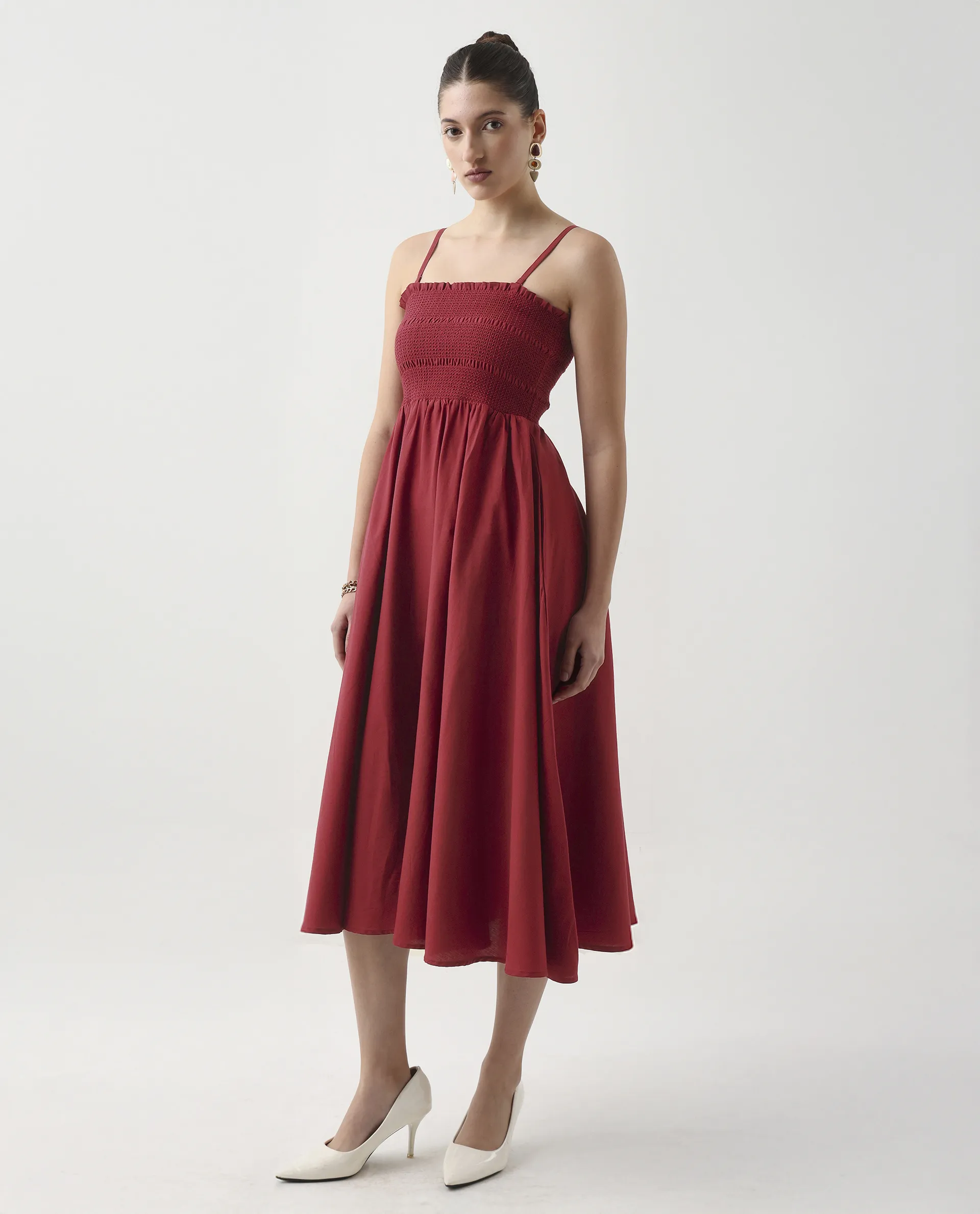 Rareism Women's Jendimo Dark Red Cotton Sleeveless Tube Neck Fit And Flare Fit Plain Midi Dress - Image 5