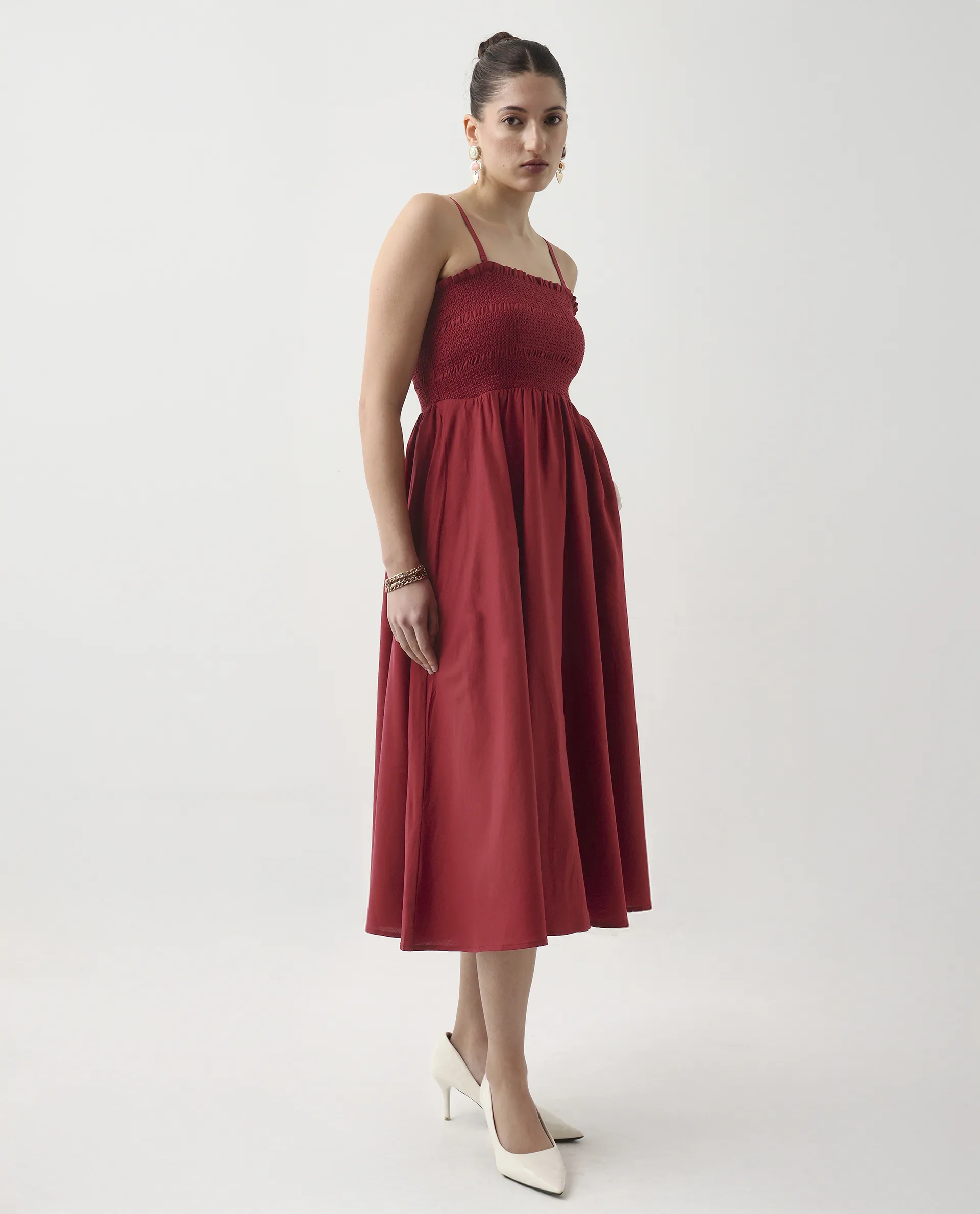Rareism Women's Jendimo Dark Red Cotton Sleeveless Tube Neck Fit And Flare Fit Plain Midi Dress - Image 6
