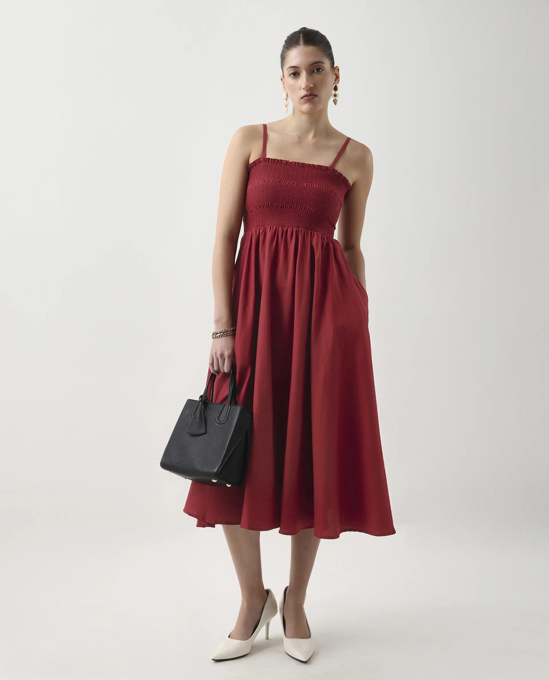 Rareism Women's Jendimo Dark Red Cotton Sleeveless Tube Neck Fit And Flare Fit Plain Midi Dress - Image 7