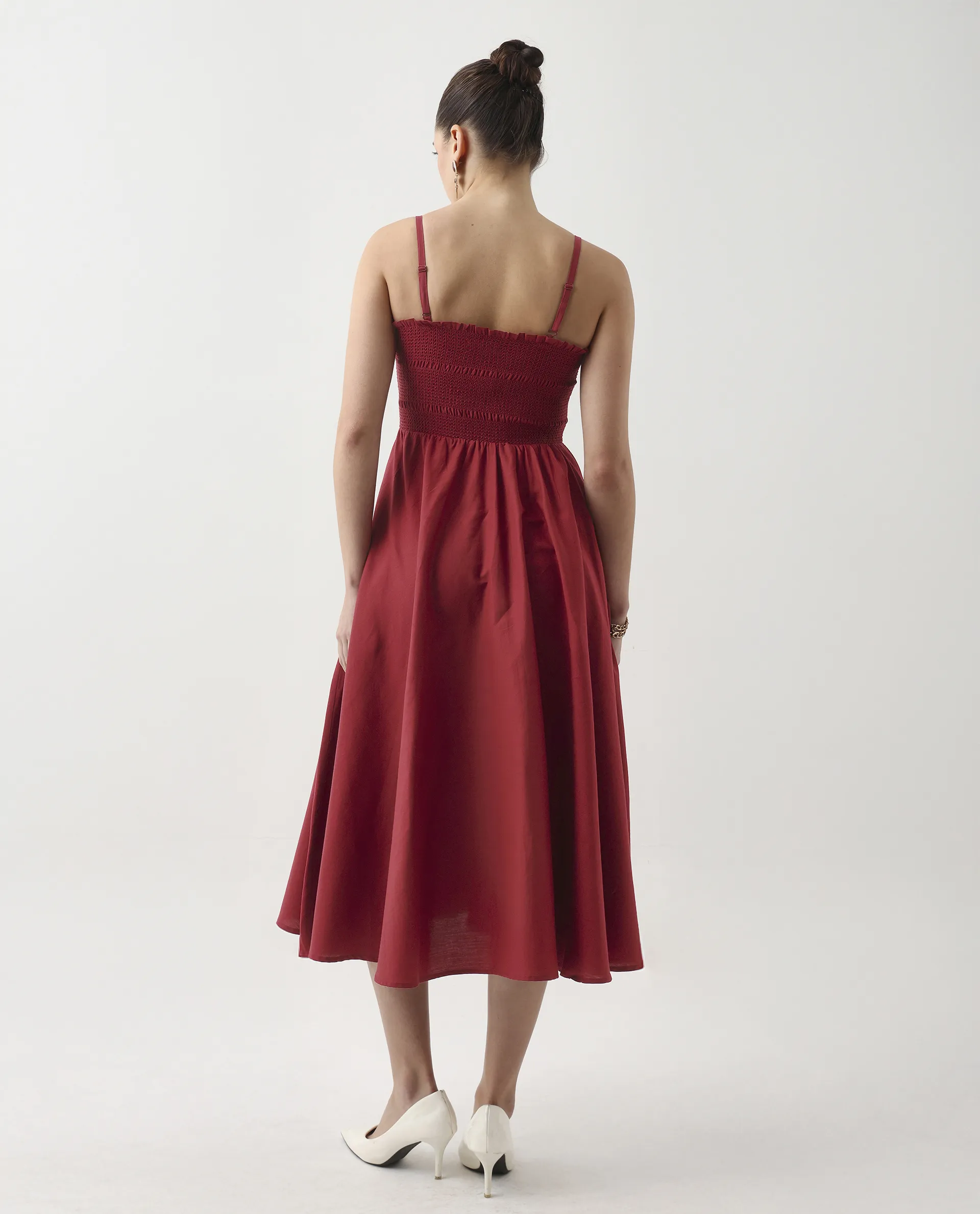 Rareism Women's Jendimo Dark Red Cotton Sleeveless Tube Neck Fit And Flare Fit Plain Midi Dress - Image 8