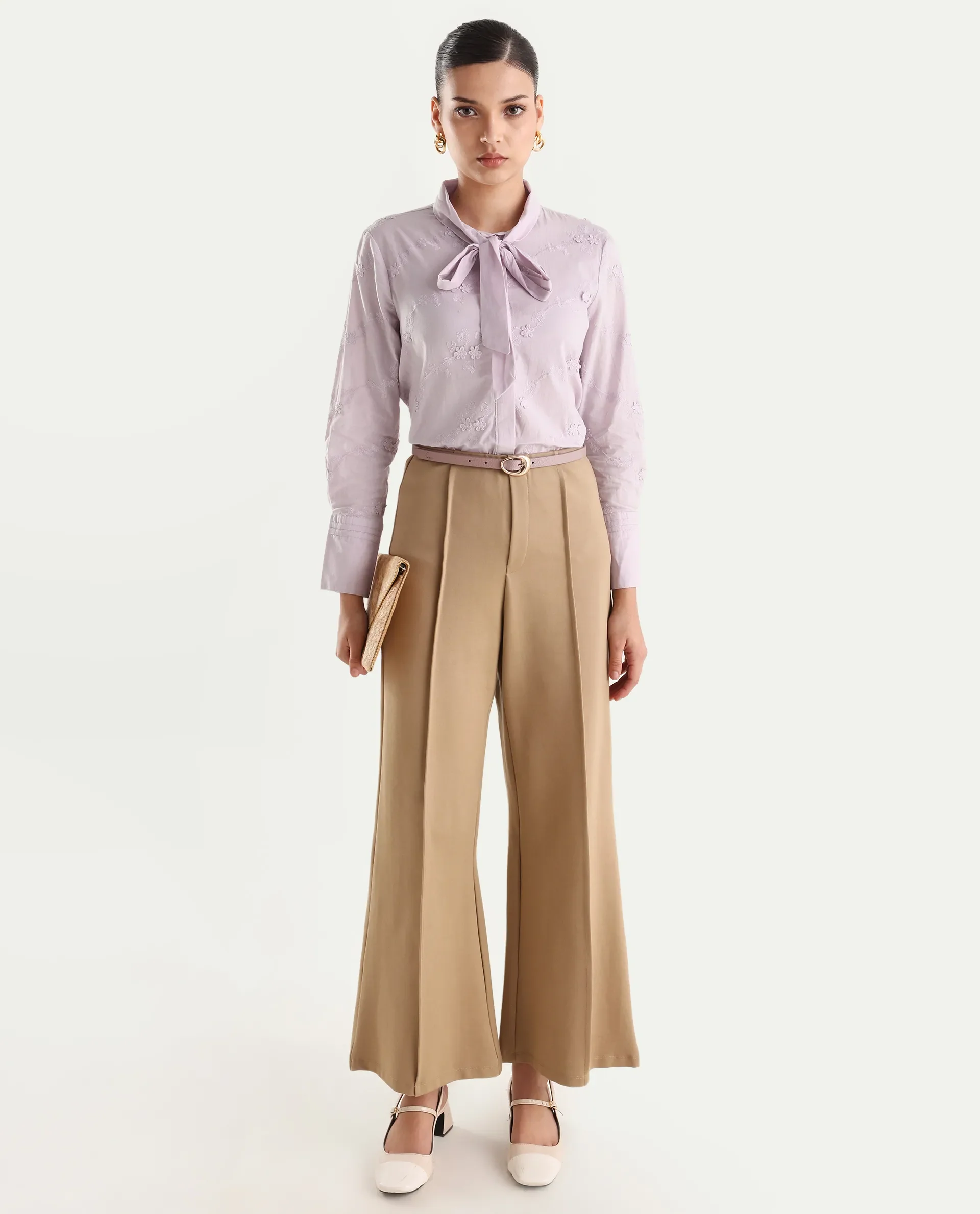 Rareism Women's Jeneiro Pastel Purple Cotton Tie-Up Neck Plain Cuffed Sleeve Regular Fit Shirt - Image 2