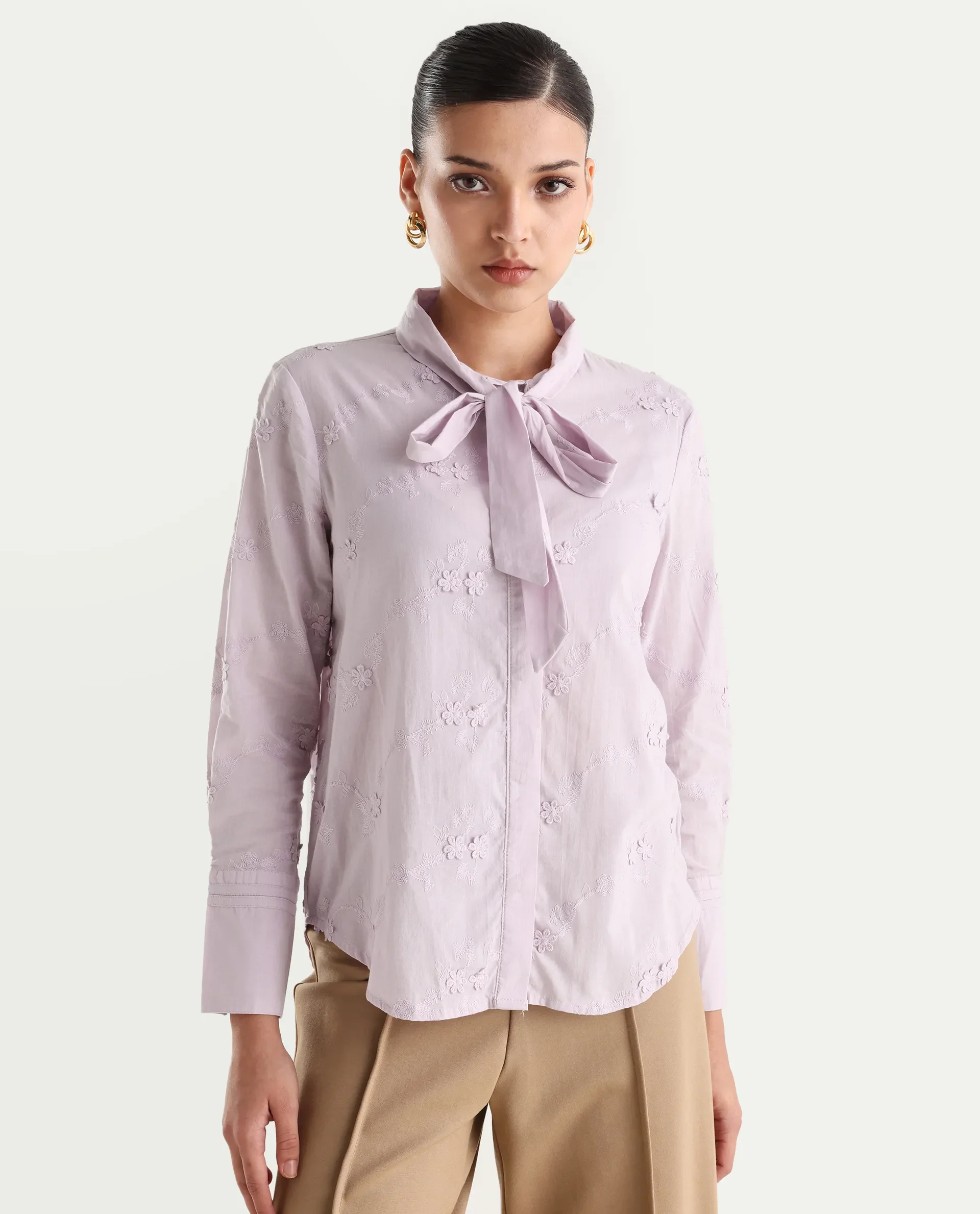 Rareism Women's Jeneiro Pastel Purple Cotton Tie-Up Neck Plain Cuffed Sleeve Regular Fit Shirt - Image 3