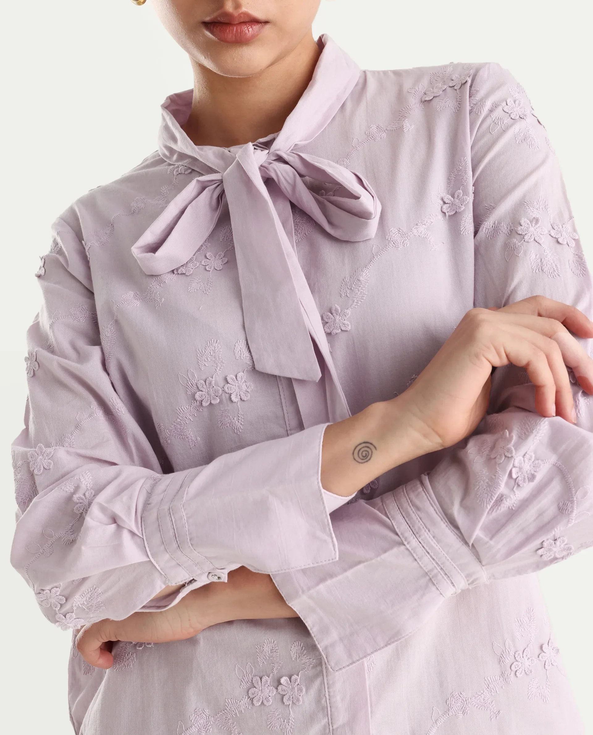 Rareism Women's Jeneiro Pastel Purple Cotton Tie-Up Neck Plain Cuffed Sleeve Regular Fit Shirt - Image 4