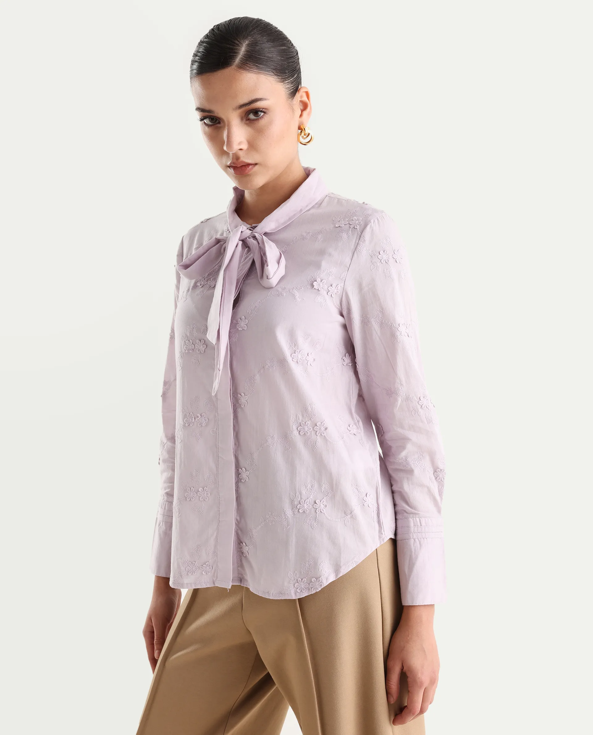 Rareism Women's Jeneiro Pastel Purple Cotton Tie-Up Neck Plain Cuffed Sleeve Regular Fit Shirt - Image 5