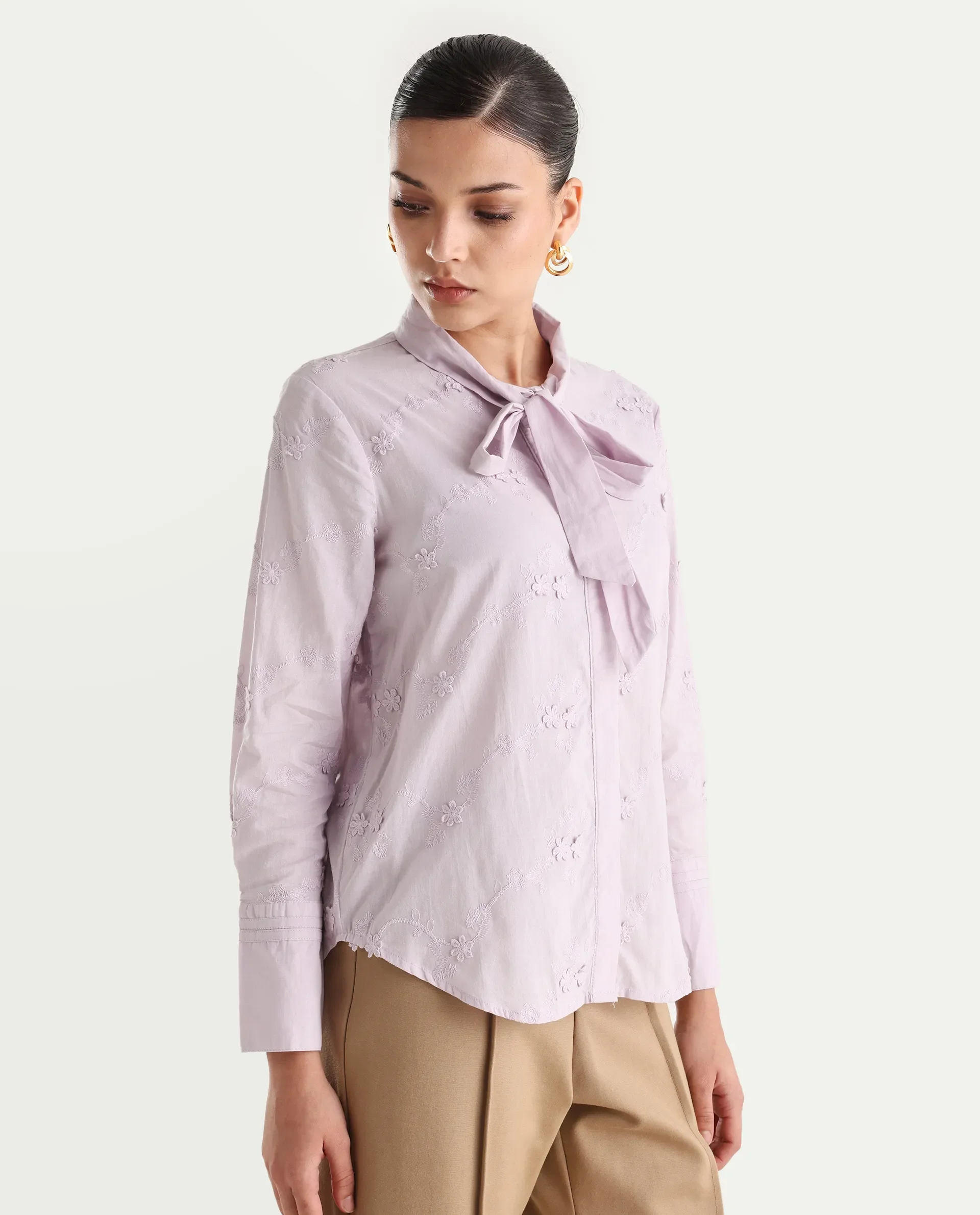 Rareism Women's Jeneiro Pastel Purple Cotton Tie-Up Neck Plain Cuffed Sleeve Regular Fit Shirt - Image 6