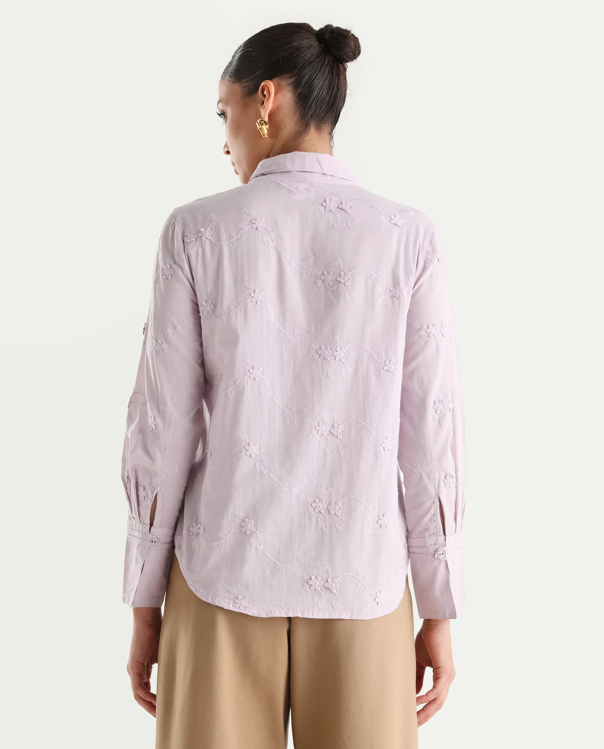 Rareism Women's Jeneiro Pastel Purple Cotton Tie-Up Neck Plain Cuffed Sleeve Regular Fit Shirt - Image 7