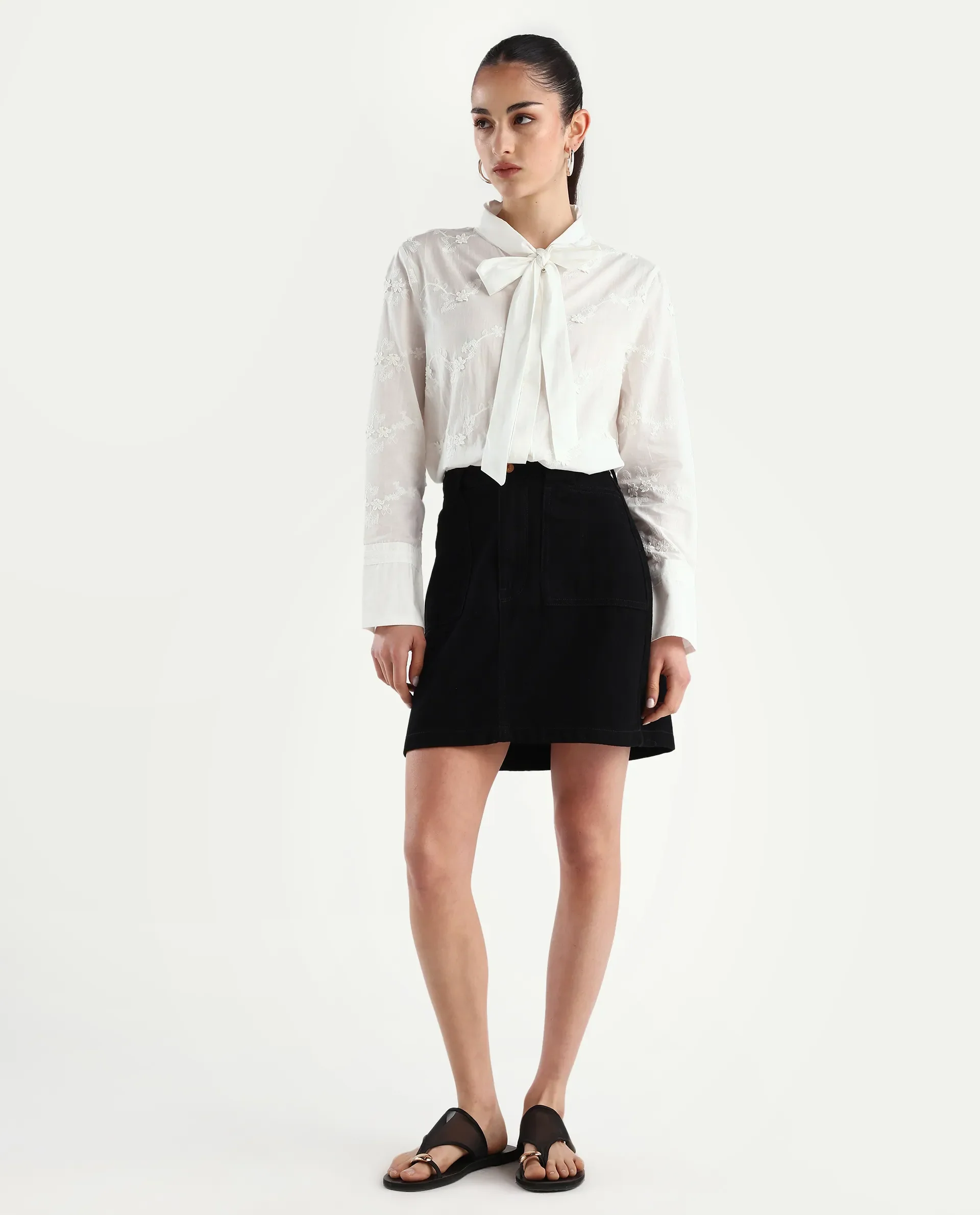Rareism Women's Jeneiro White Cotton Tie-Up Neck Plain Cuffed Sleeve Regular Fit Shirt - Image 2