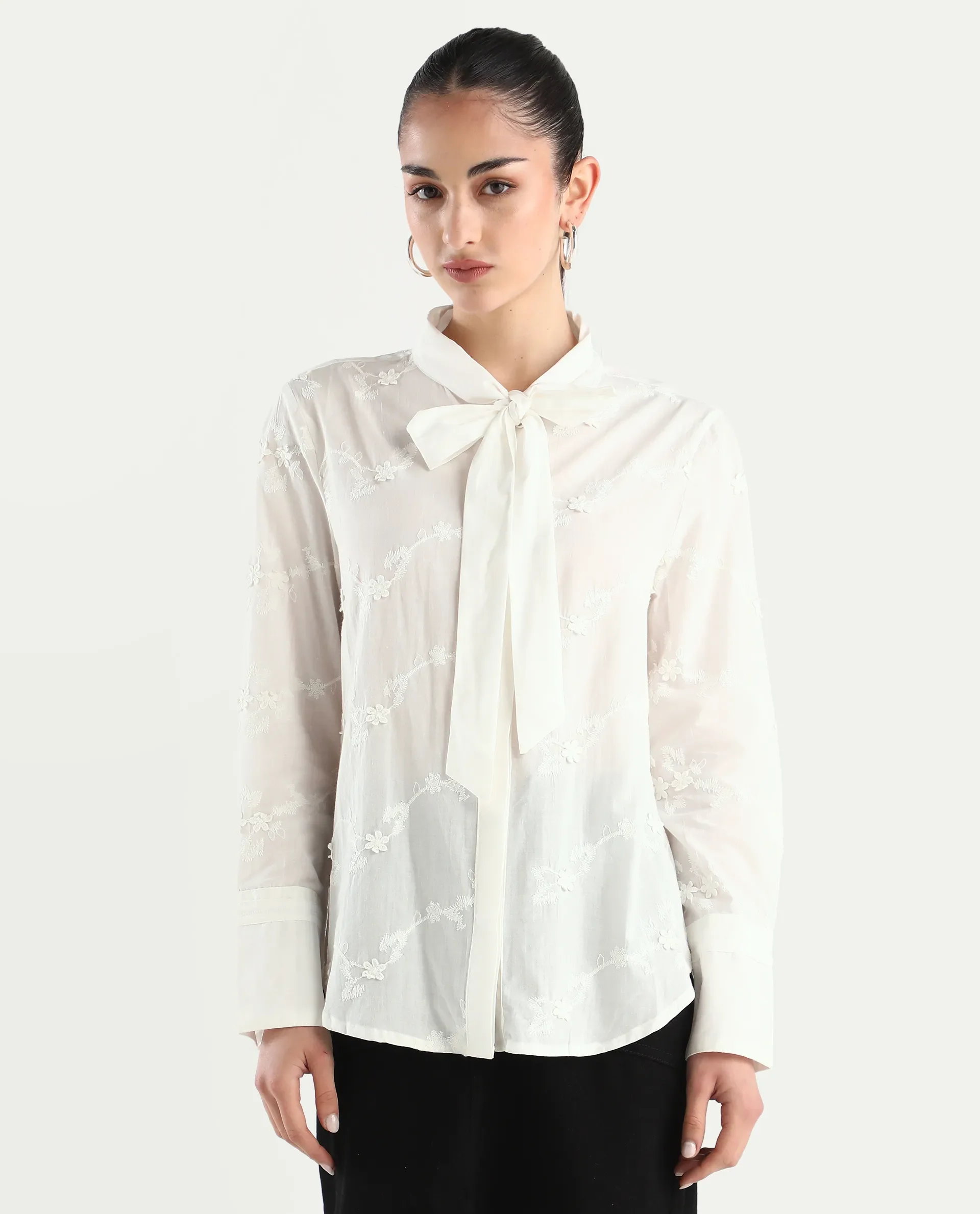 Rareism Women's Jeneiro White Cotton Tie-Up Neck Plain Cuffed Sleeve Regular Fit Shirt - Image 3