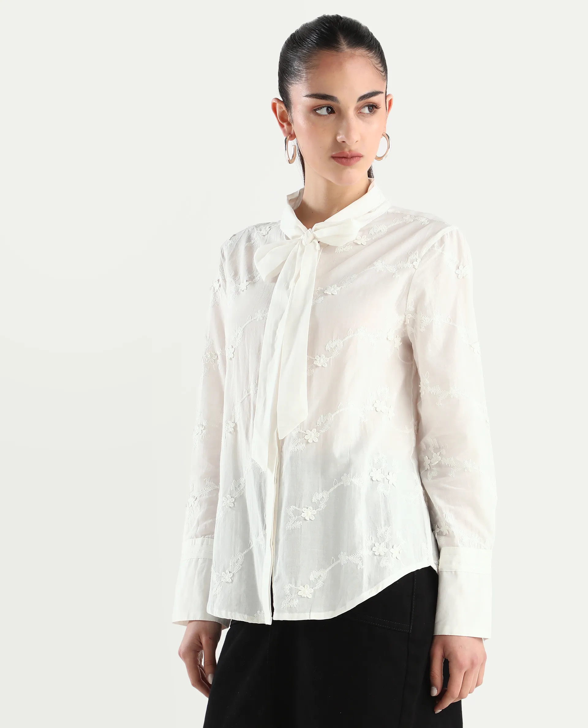 Rareism Women's Jeneiro White Cotton Tie-Up Neck Plain Cuffed Sleeve Regular Fit Shirt - Image 5