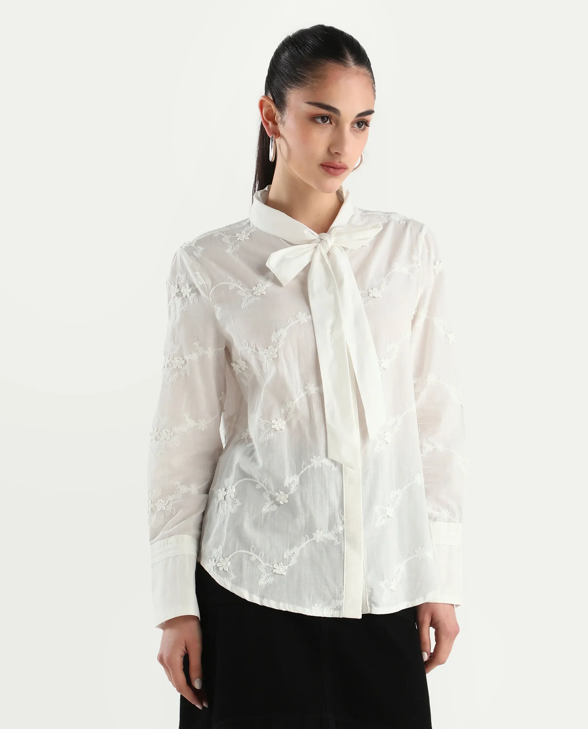 Rareism Women's Jeneiro White Cotton Tie-Up Neck Plain Cuffed Sleeve Regular Fit Shirt - Image 6