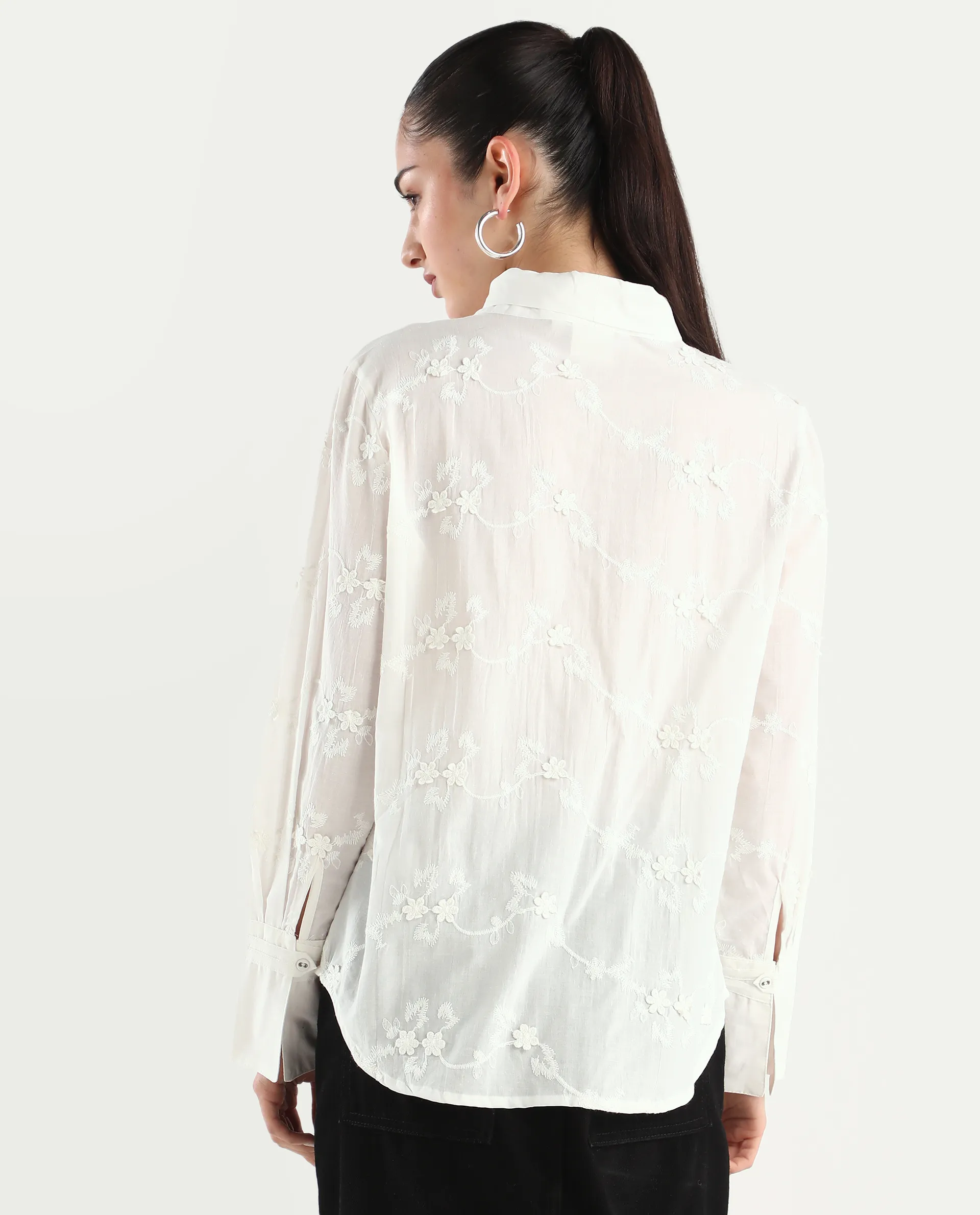Rareism Women's Jeneiro White Cotton Tie-Up Neck Plain Cuffed Sleeve Regular Fit Shirt - Image 7