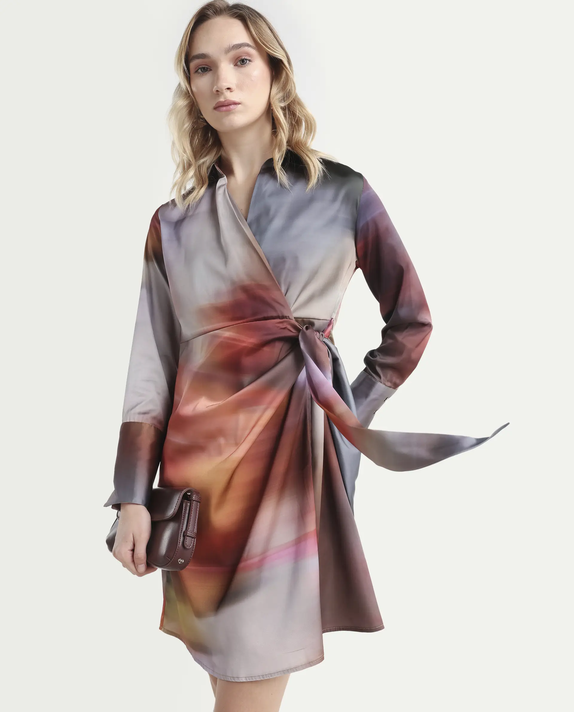 Rareism Women's Jengo Multi Polyester Johnny Collar Straight Fit Dress