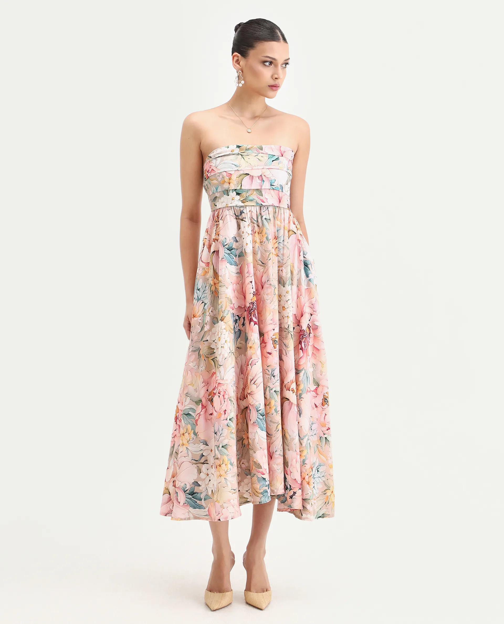 Rareism Women's Jenit Light Viscose Tube Neck Fit And Flare Printed Midi Dress - Image 2