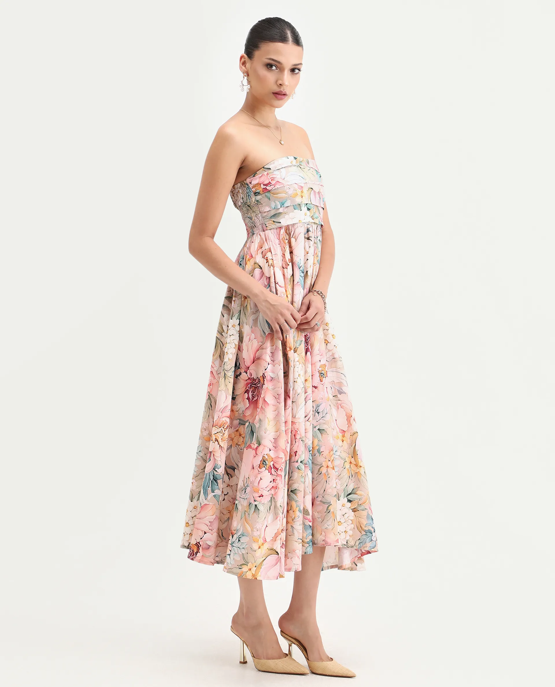 Rareism Women's Jenit Light Viscose Tube Neck Fit And Flare Printed Midi Dress - Image 5