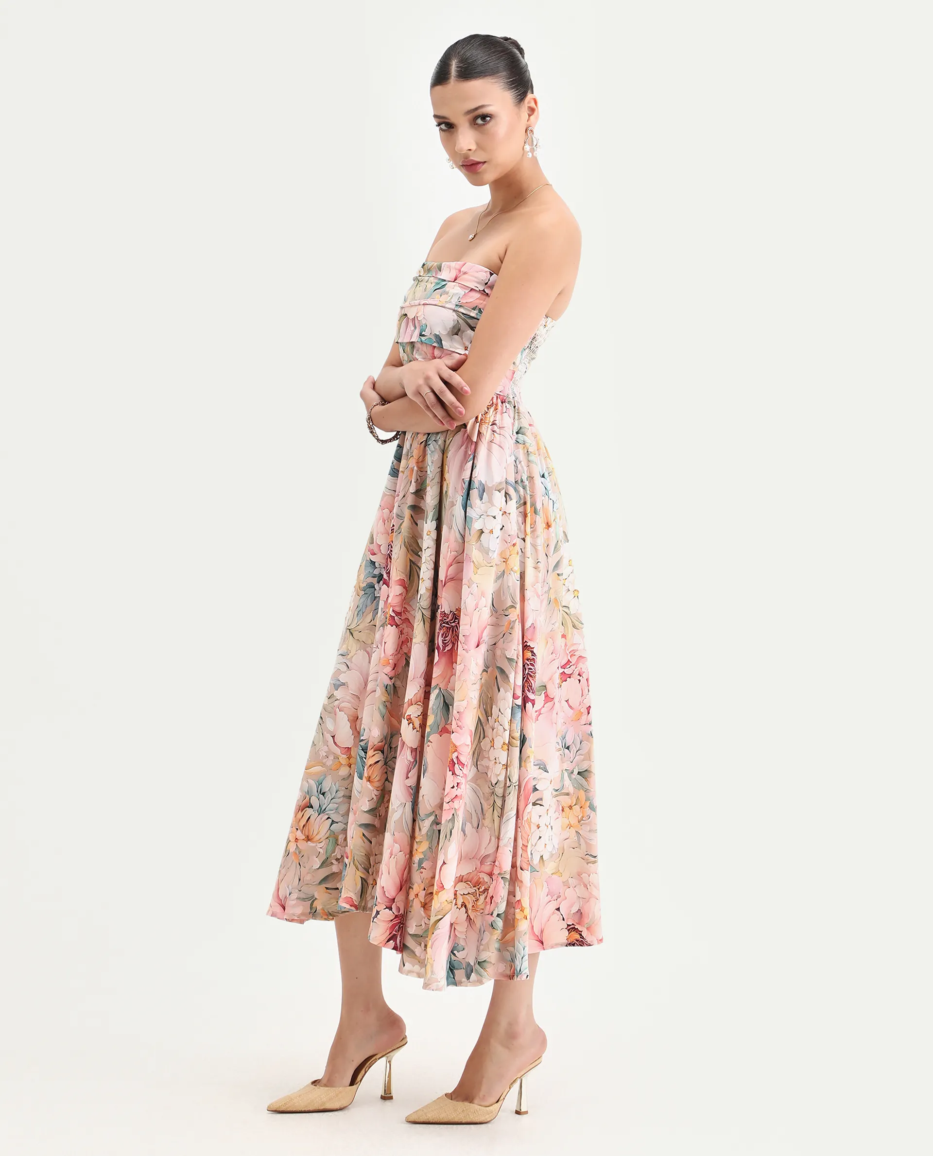 Rareism Women's Jenit Light Viscose Tube Neck Fit And Flare Printed Midi Dress - Image 6