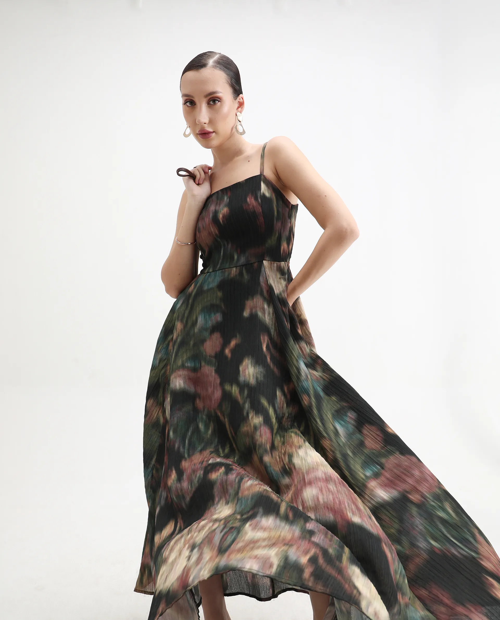 Rareism Women's Jenito Black Polyester Tube Neck Fit And Flare Printed Midi Dress - Image 2