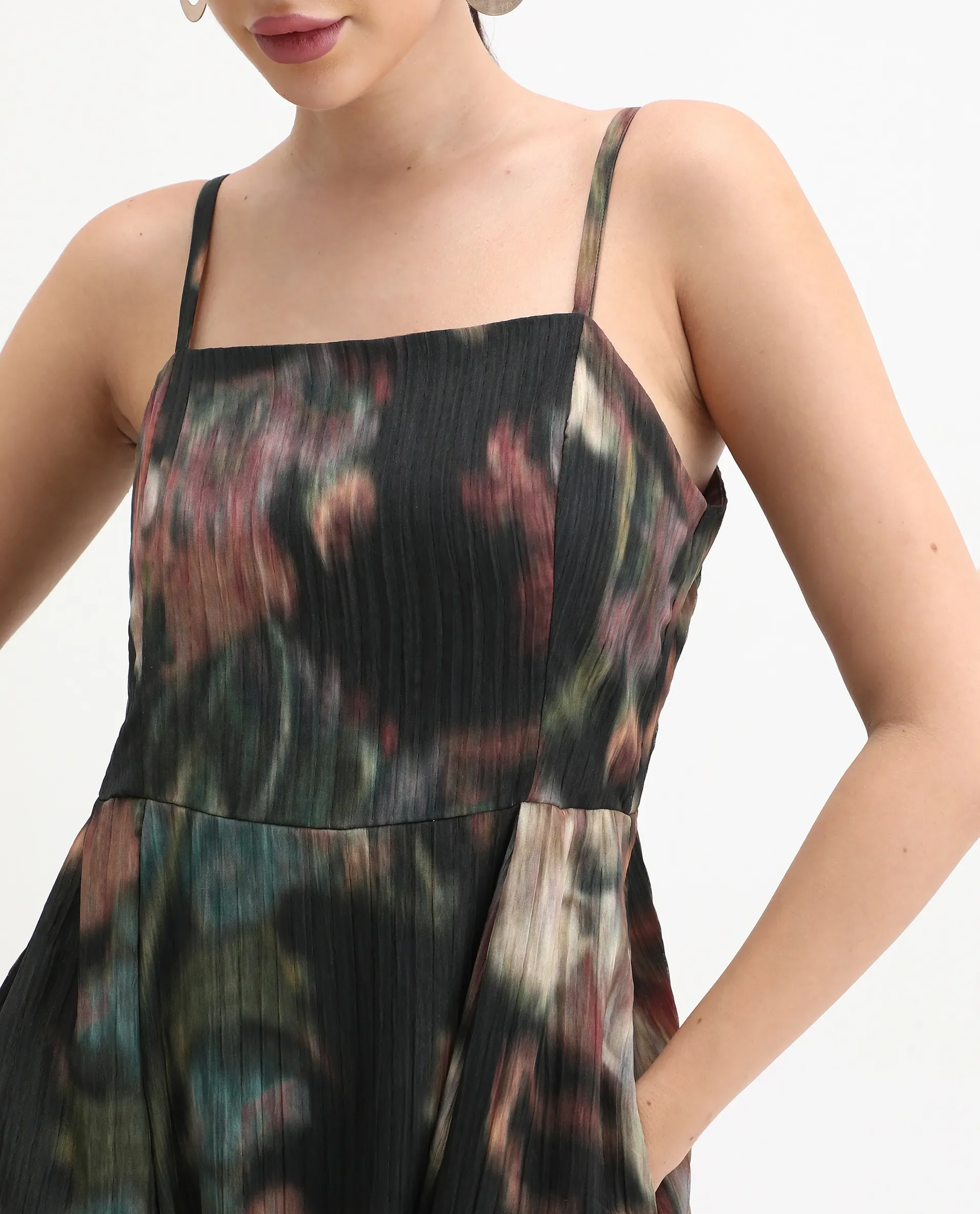 Rareism Women's Jenito Black Polyester Tube Neck Fit And Flare Printed Midi Dress - Image 3