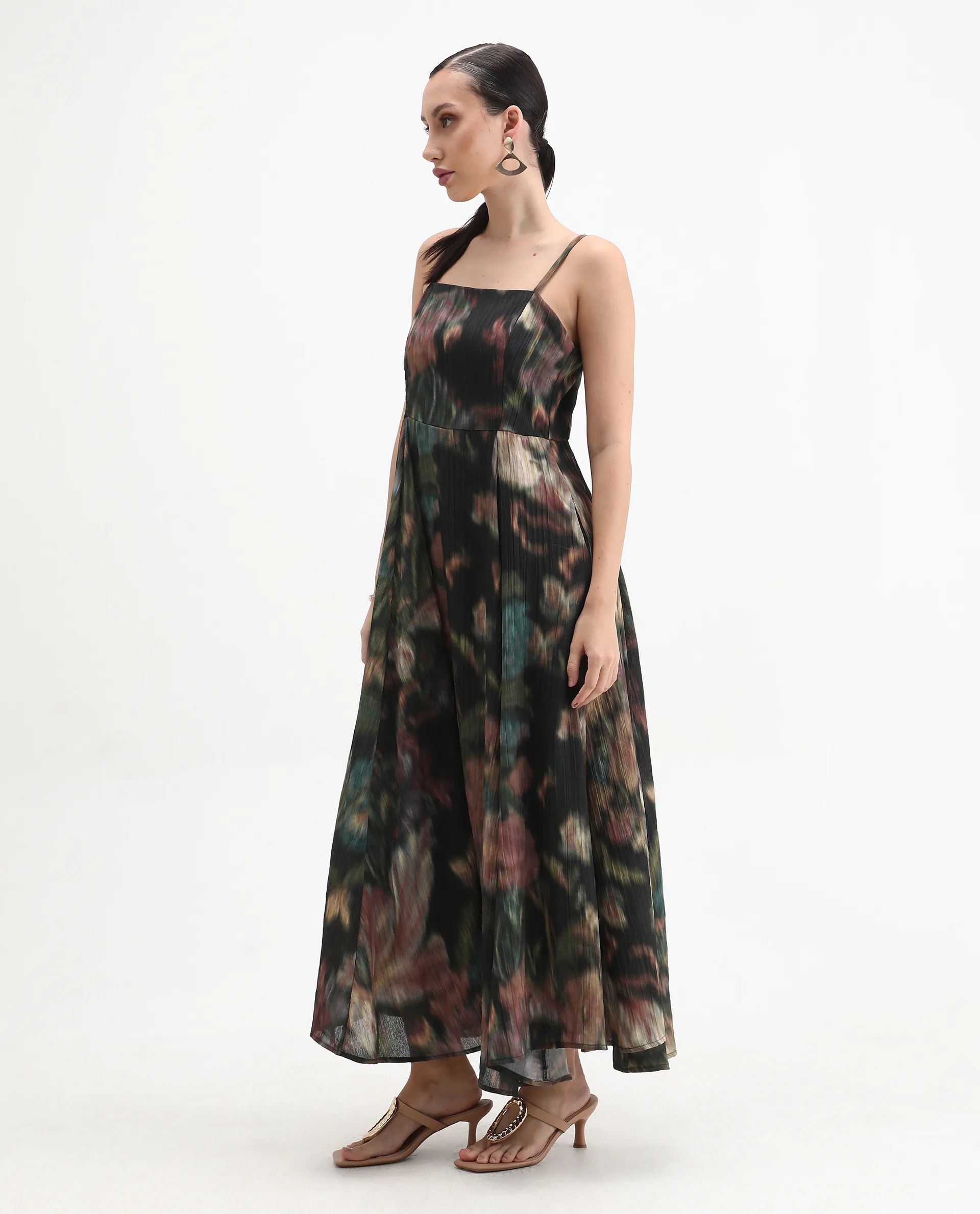 Rareism Women's Jenito Black Polyester Tube Neck Fit And Flare Printed Midi Dress - Image 4