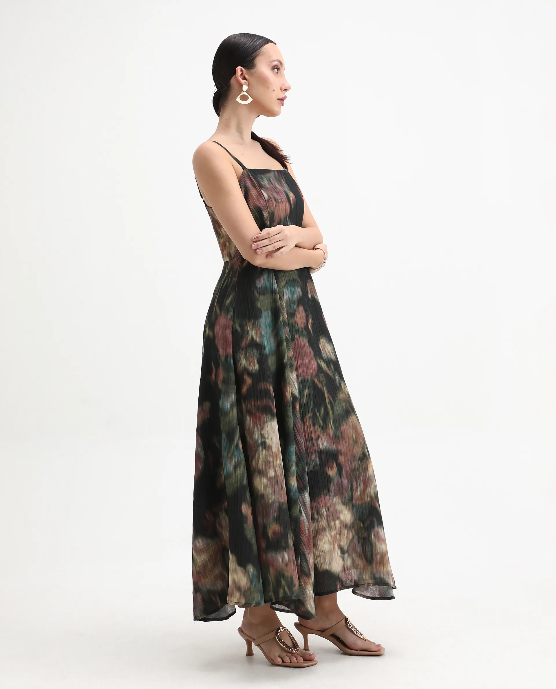 Rareism Women's Jenito Black Polyester Tube Neck Fit And Flare Printed Midi Dress - Image 5