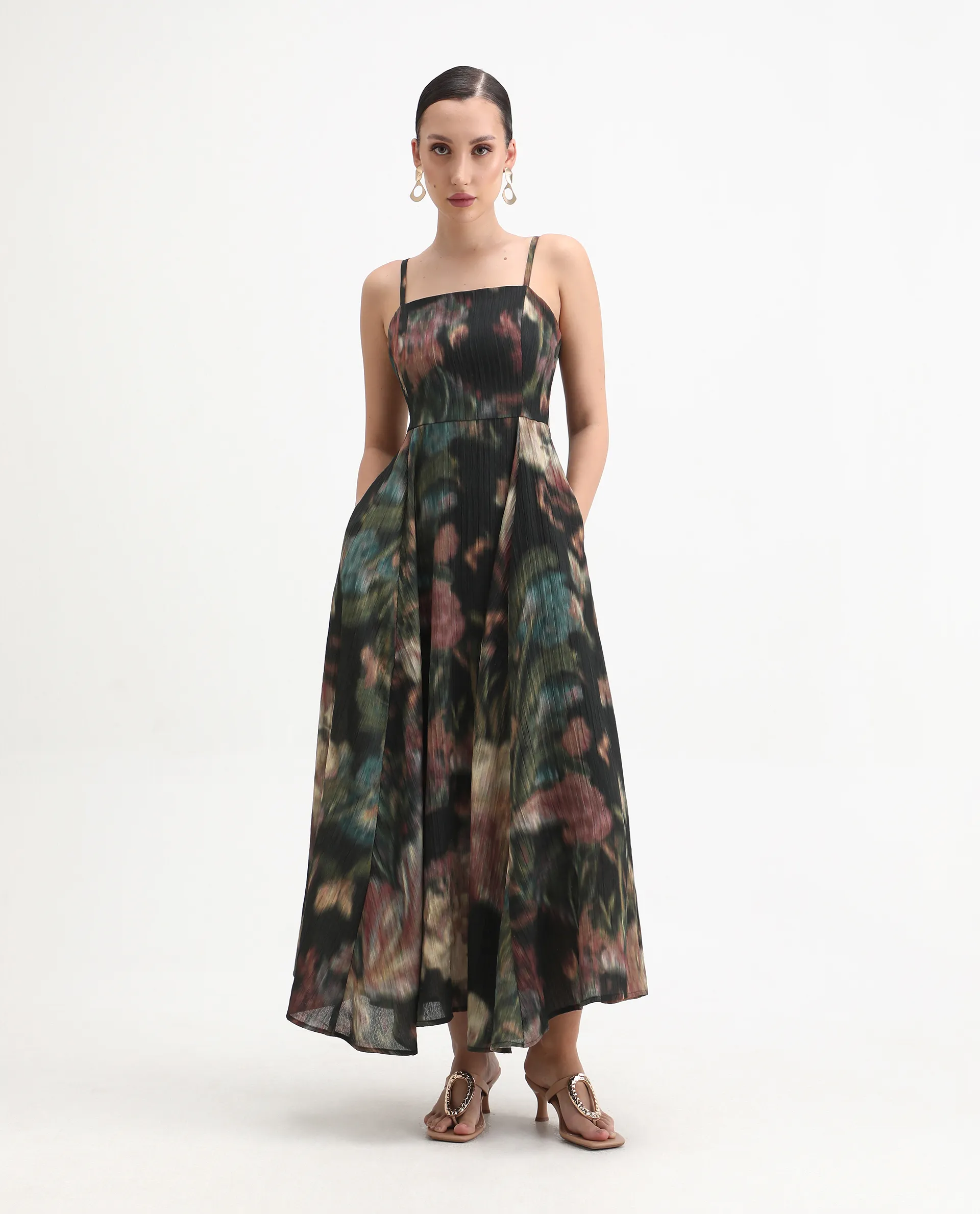 Rareism Women's Jenito Black Polyester Tube Neck Fit And Flare Printed Midi Dress - Image 6