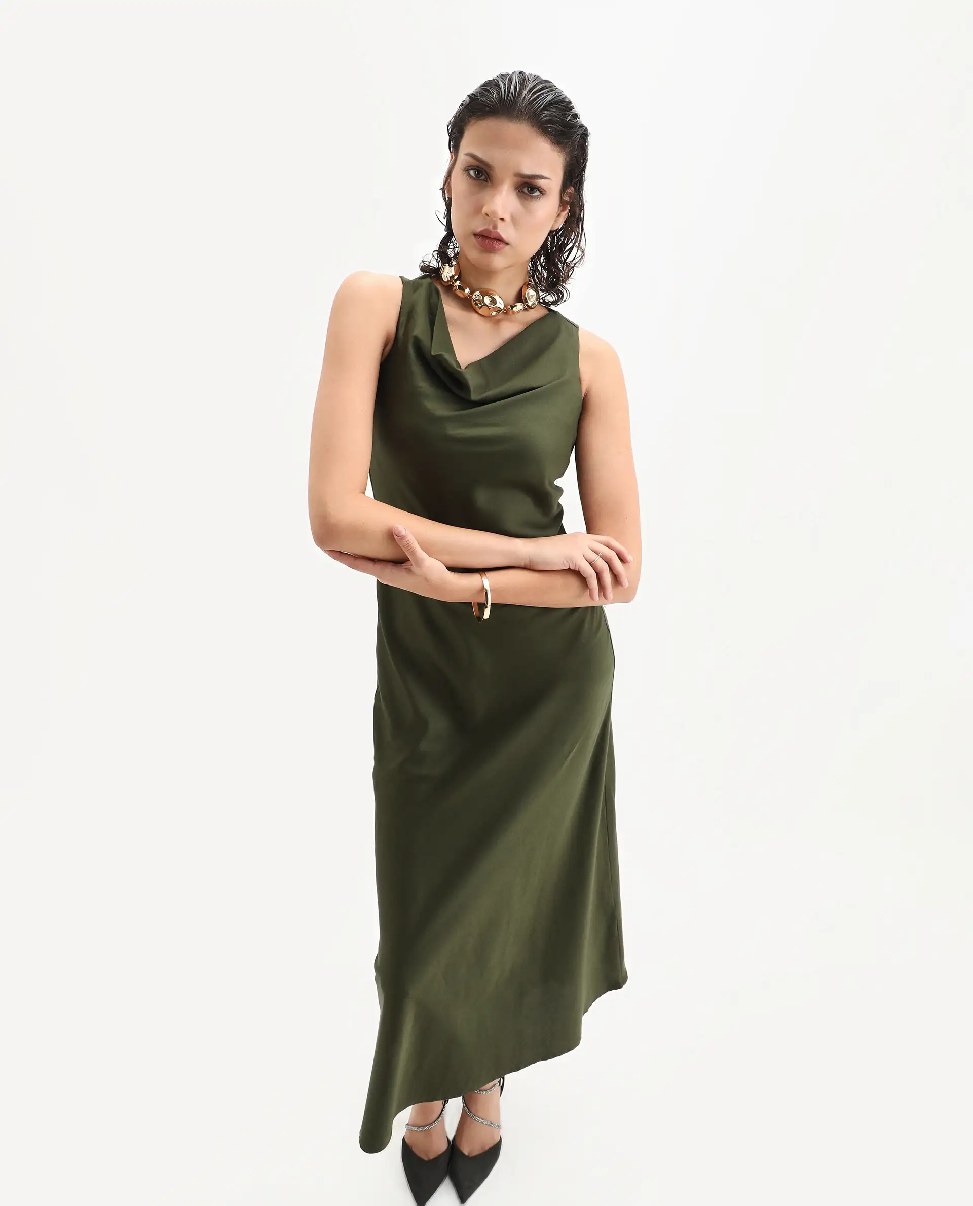 Rareism Women's Jenket Olive Cotton Blend Cowl Fit And Flare Plain Midi Dress - Image 2