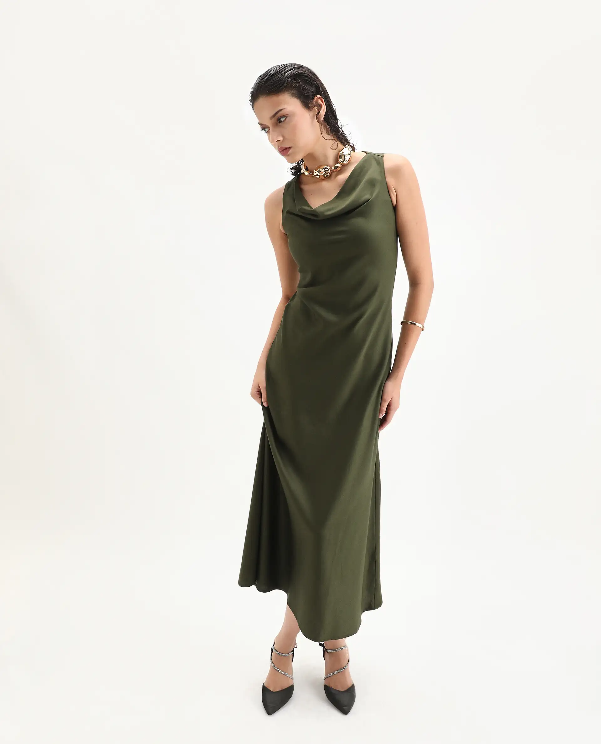 Rareism Women's Jenket Olive Cotton Blend Cowl Fit And Flare Plain Midi Dress - Image 3