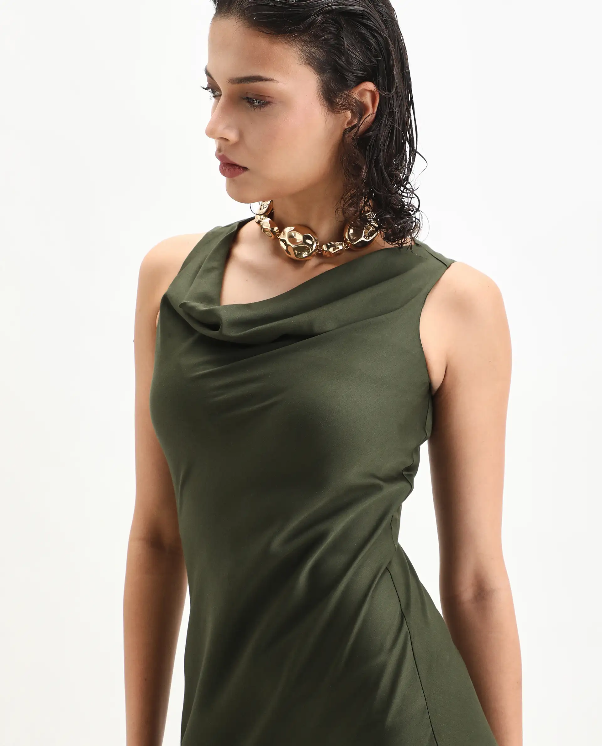 Rareism Women's Jenket Olive Cotton Blend Cowl Fit And Flare Plain Midi Dress - Image 4