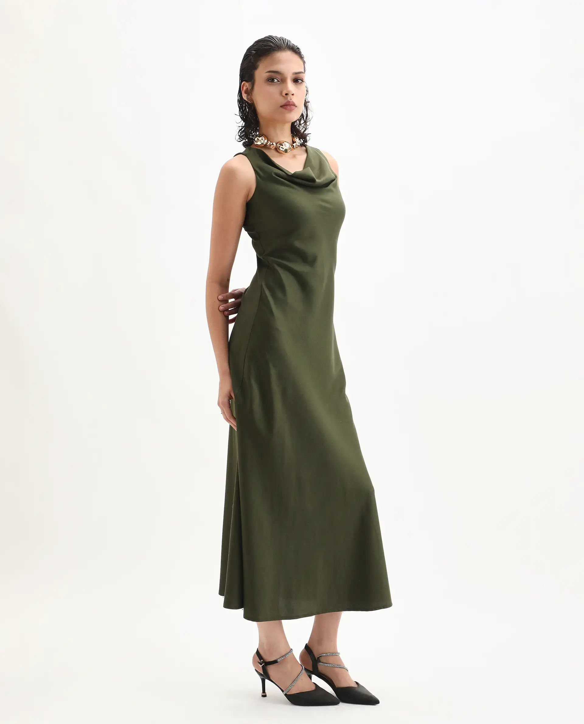 Rareism Women's Jenket Olive Cotton Blend Cowl Fit And Flare Plain Midi Dress - Image 5