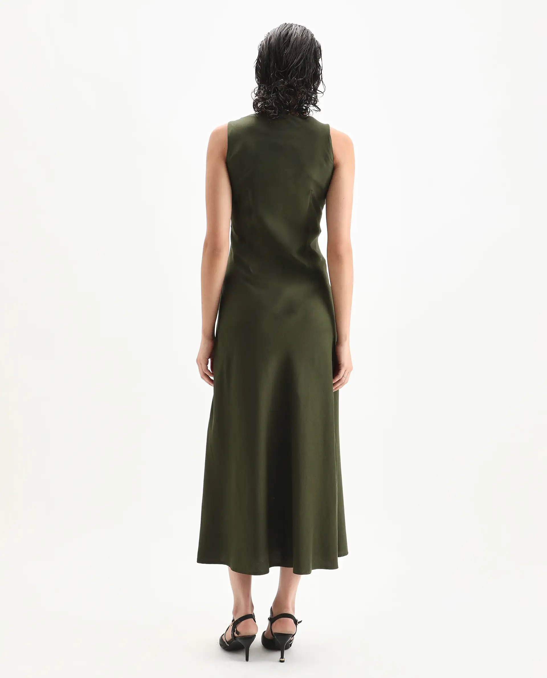 Rareism Women's Jenket Olive Cotton Blend Cowl Fit And Flare Plain Midi Dress - Image 6