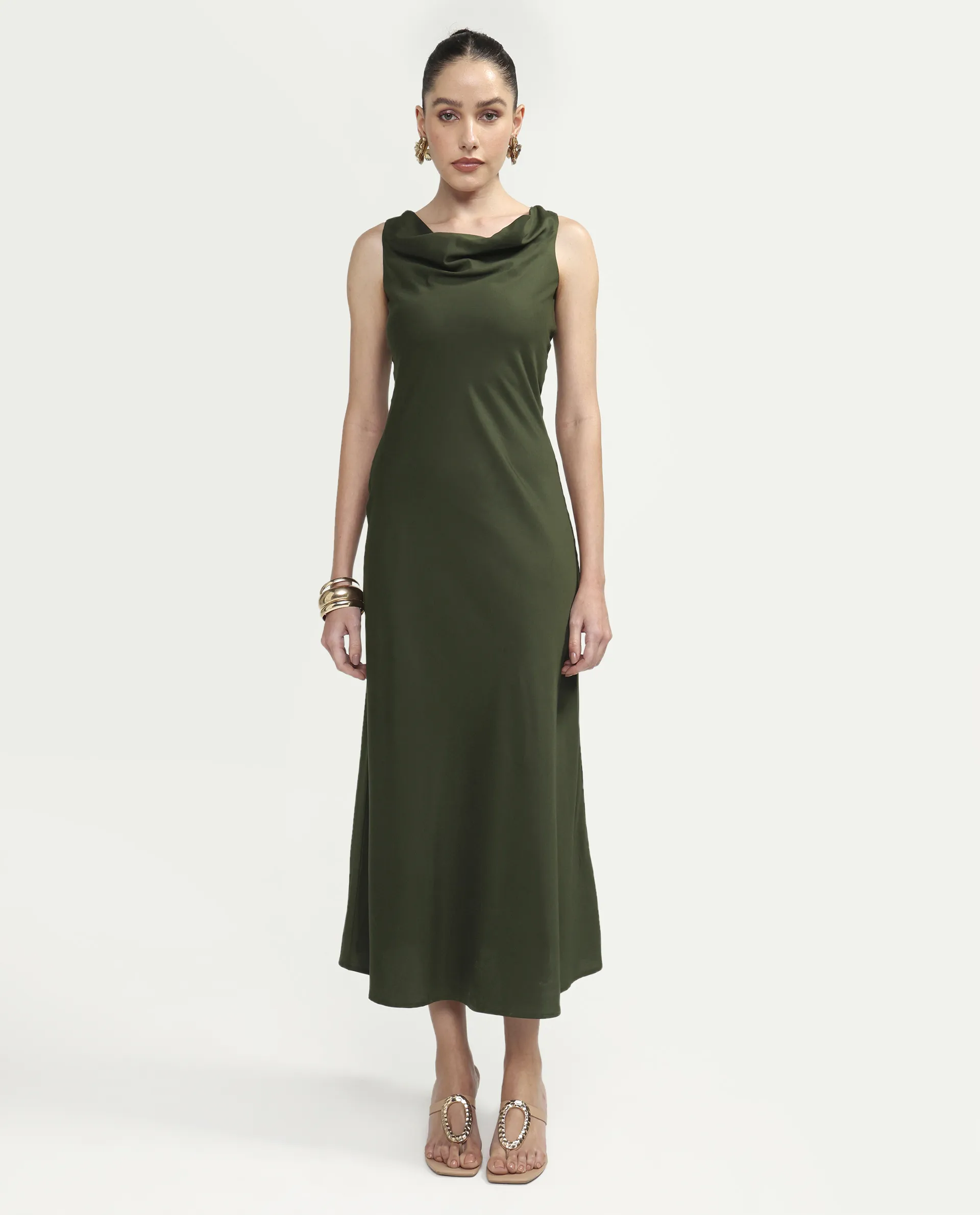 Rareism Women's Jenketss26 Olive Sleeveless Halter Neck Fit And Flare Plain Dress - Image 2