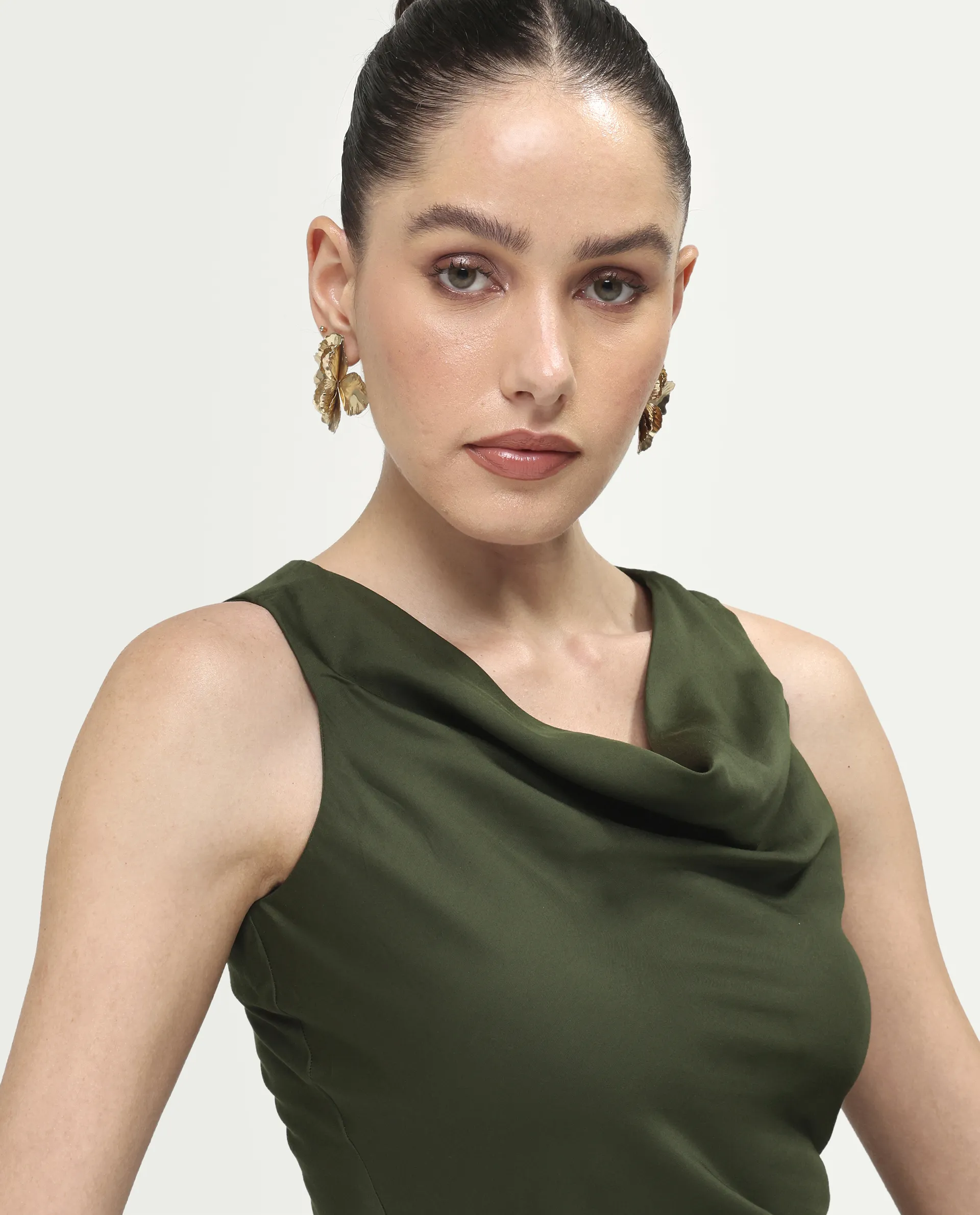 Rareism Women's Jenketss26 Olive Sleeveless Halter Neck Fit And Flare Plain Dress - Image 4