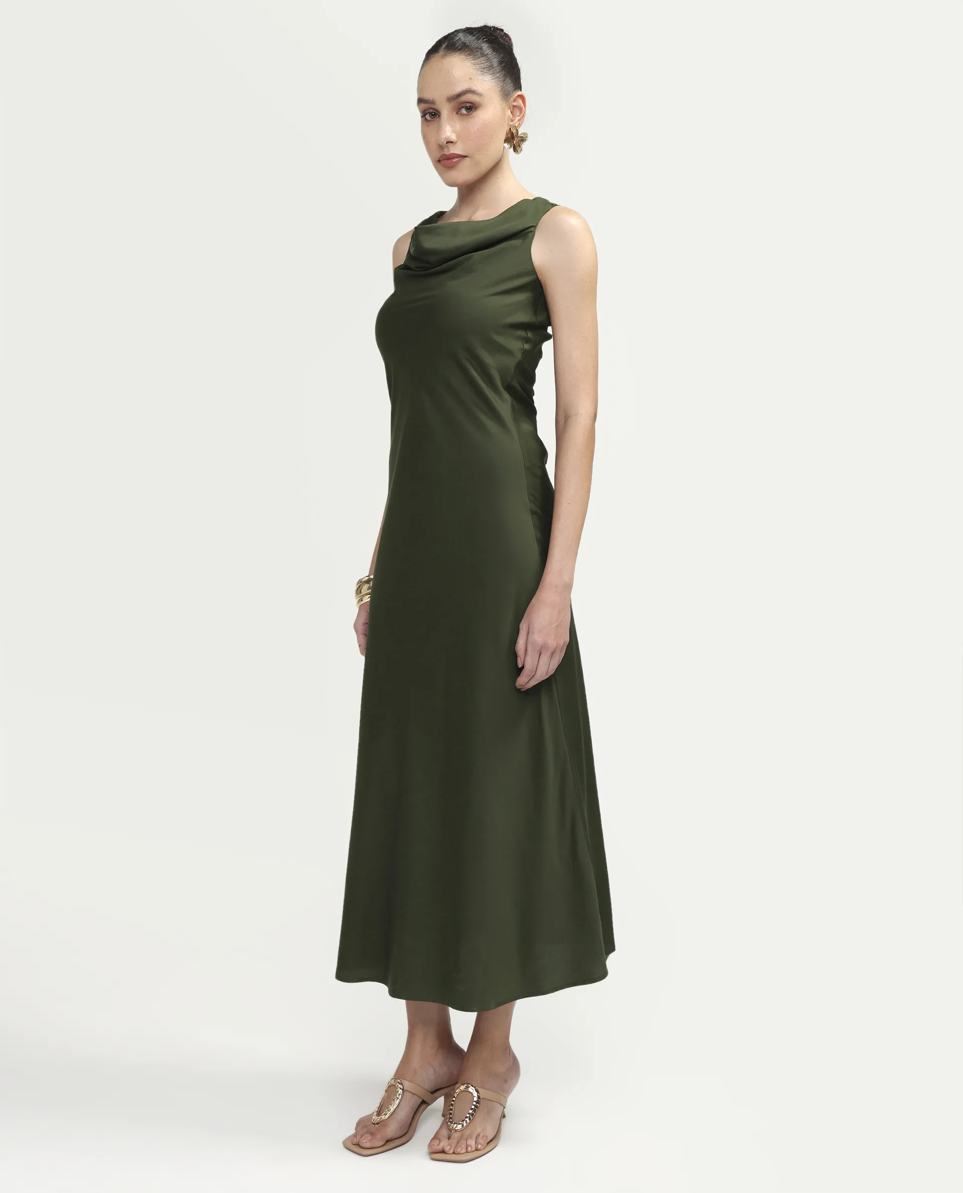 Rareism Women's Jenketss26 Olive Sleeveless Halter Neck Fit And Flare Plain Dress - Image 5