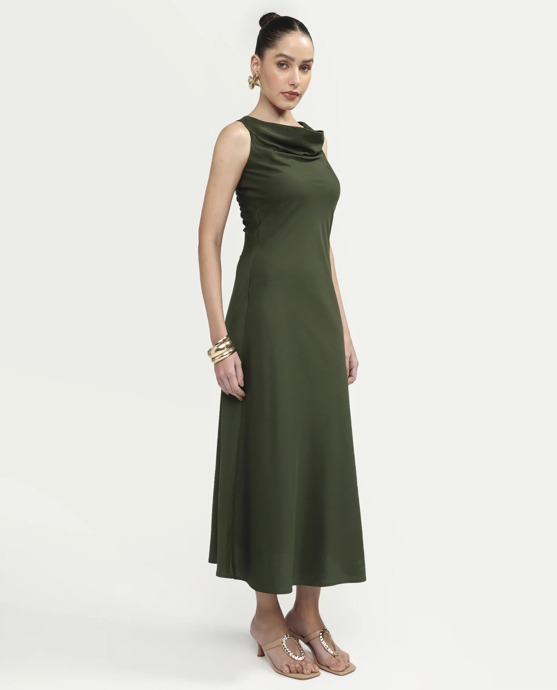 Rareism Women's Jenketss26 Olive Sleeveless Halter Neck Fit And Flare Plain Dress - Image 6