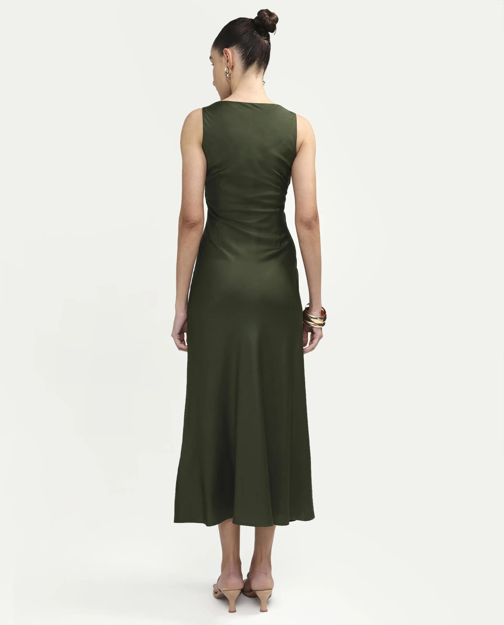 Rareism Women's Jenketss26 Olive Sleeveless Halter Neck Fit And Flare Plain Dress - Image 7