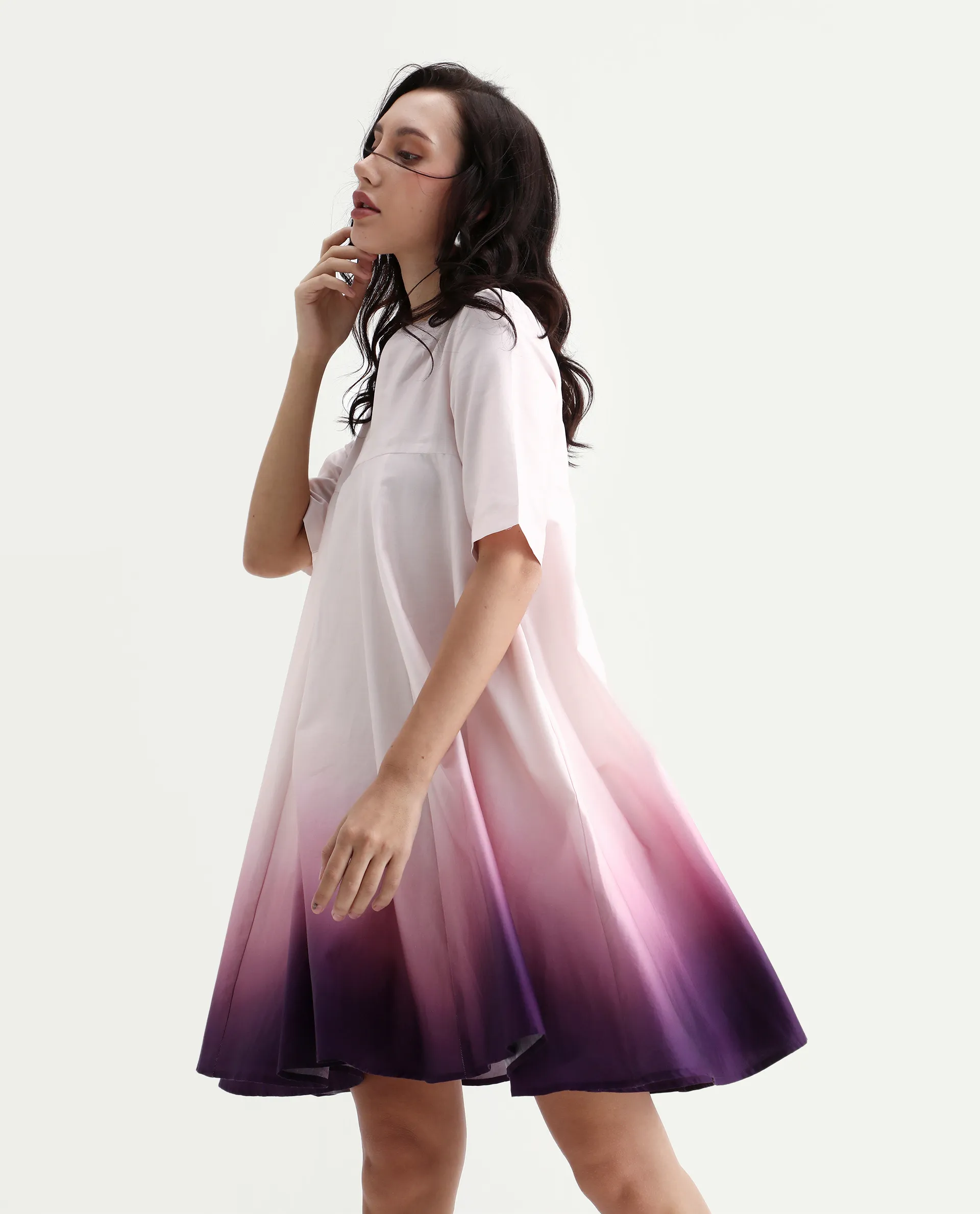 Rareism Women's Jenleo Purple Cotton Mandarin Collar Flared Printed Dress
