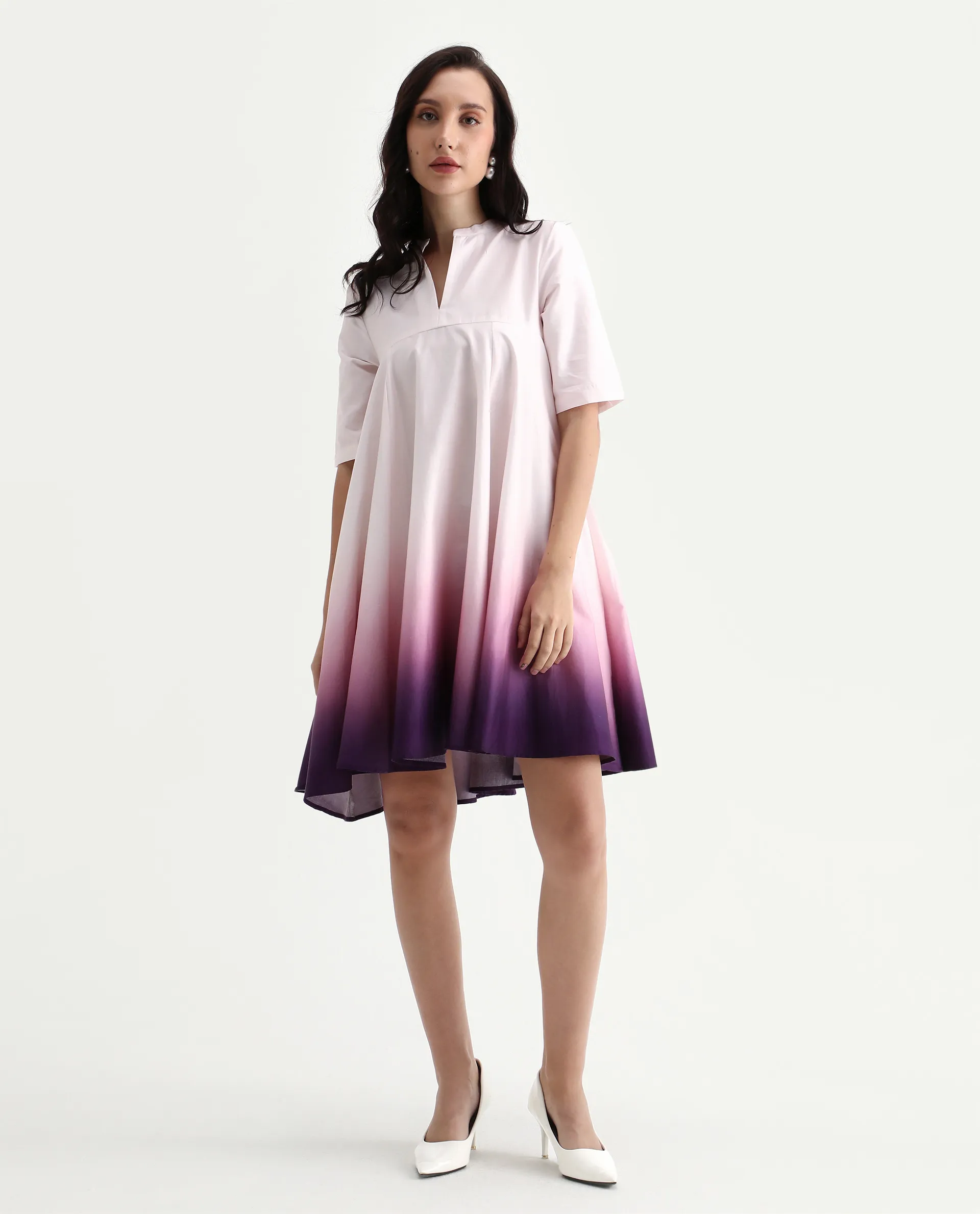 Rareism Women's Jenleo Purple Cotton Mandarin Collar Flared Printed Dress - Image 2