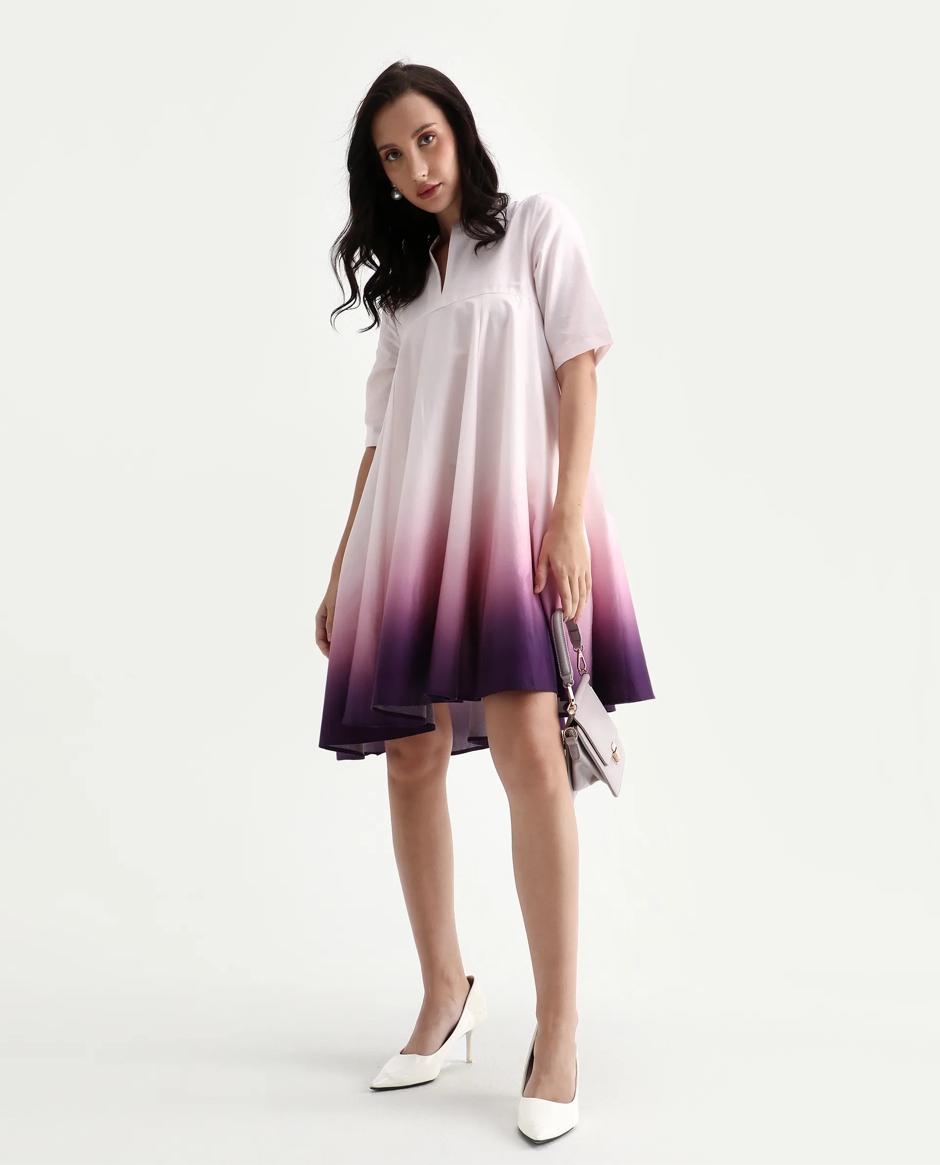 Rareism Women's Jenleo Purple Cotton Mandarin Collar Flared Printed Dress - Image 3