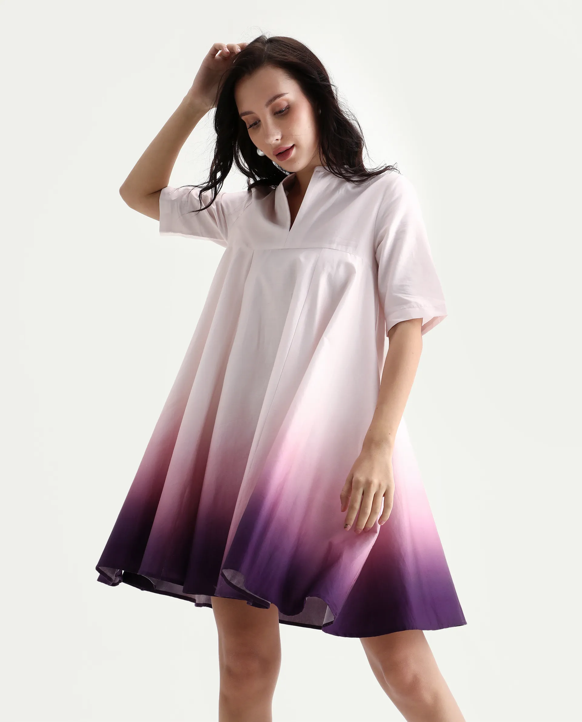 Rareism Women's Jenleo Purple Cotton Mandarin Collar Flared Printed Dress - Image 4