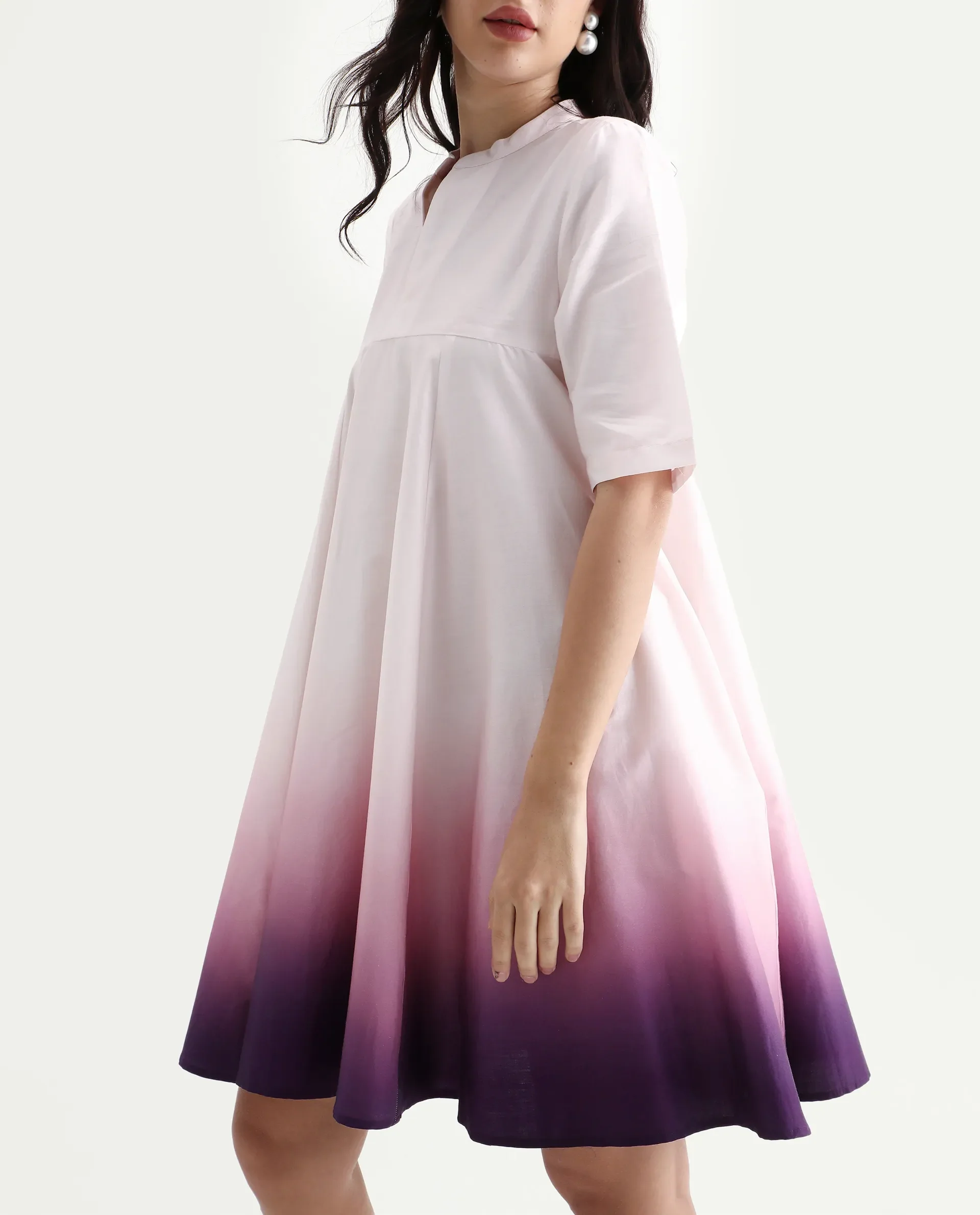 Rareism Women's Jenleo Purple Cotton Mandarin Collar Flared Printed Dress - Image 5